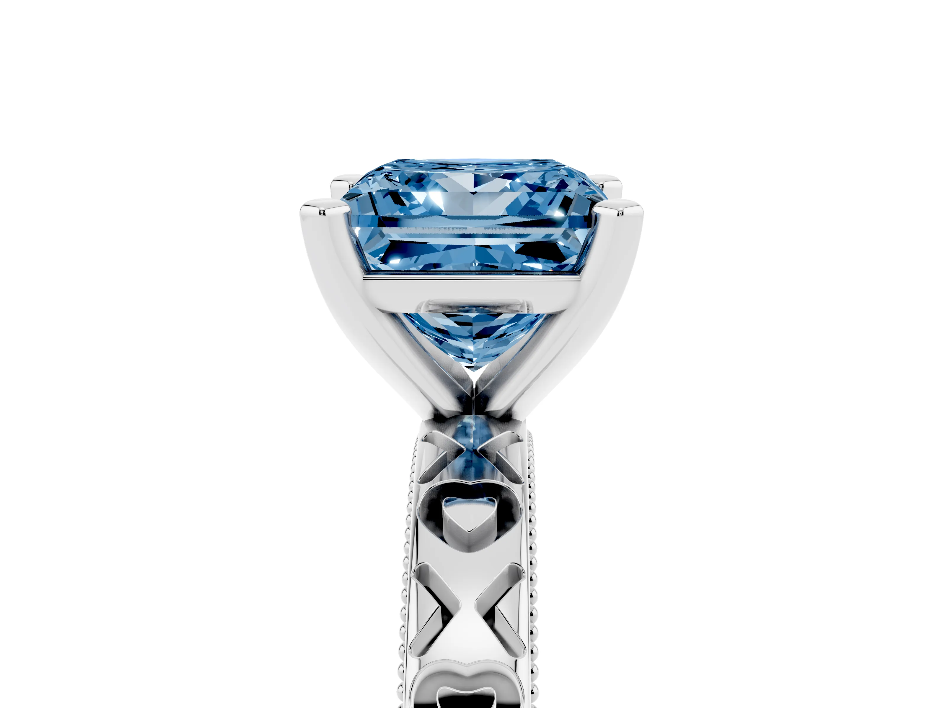 Fancy Blue Princess Cut Diamond Solitaire Engagement Ring Set in Platinum with XO Engraved Band and Prong Setting