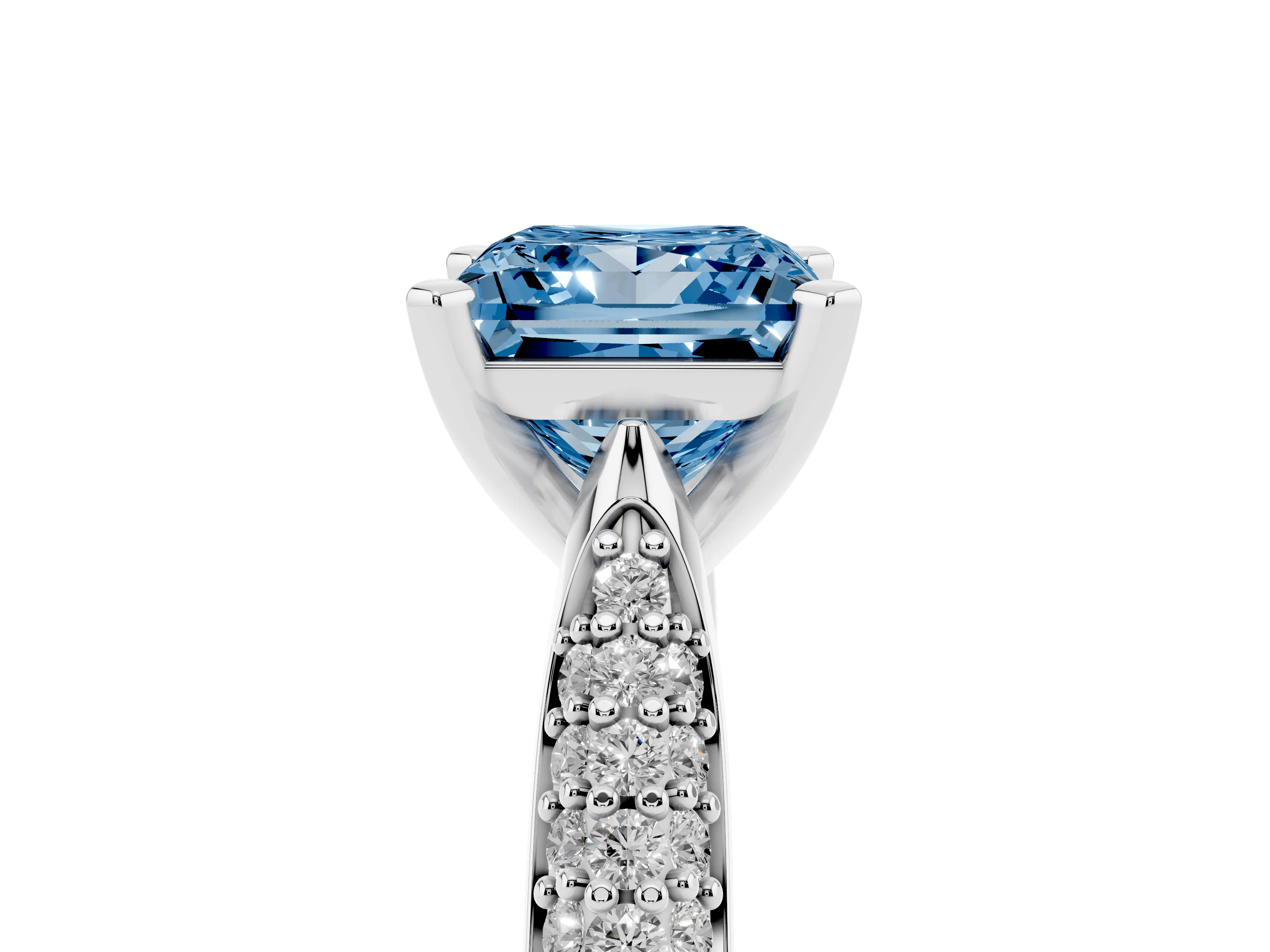 Fancy Blue Princess Cut Diamond Solitaire Engagement Ring Set in Silver with Multi-Row Round Pavé Band and Prong Setting