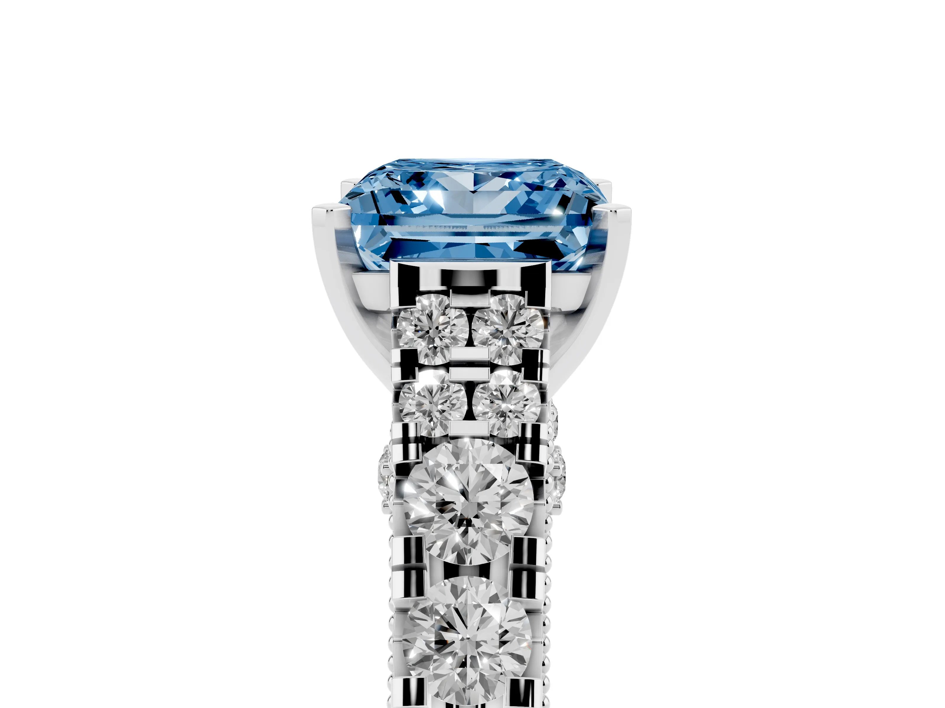 Fancy Blue Princess Cut Diamond Classic Solitaire Ring Set in White gold with Pavé Band and Prong Setting