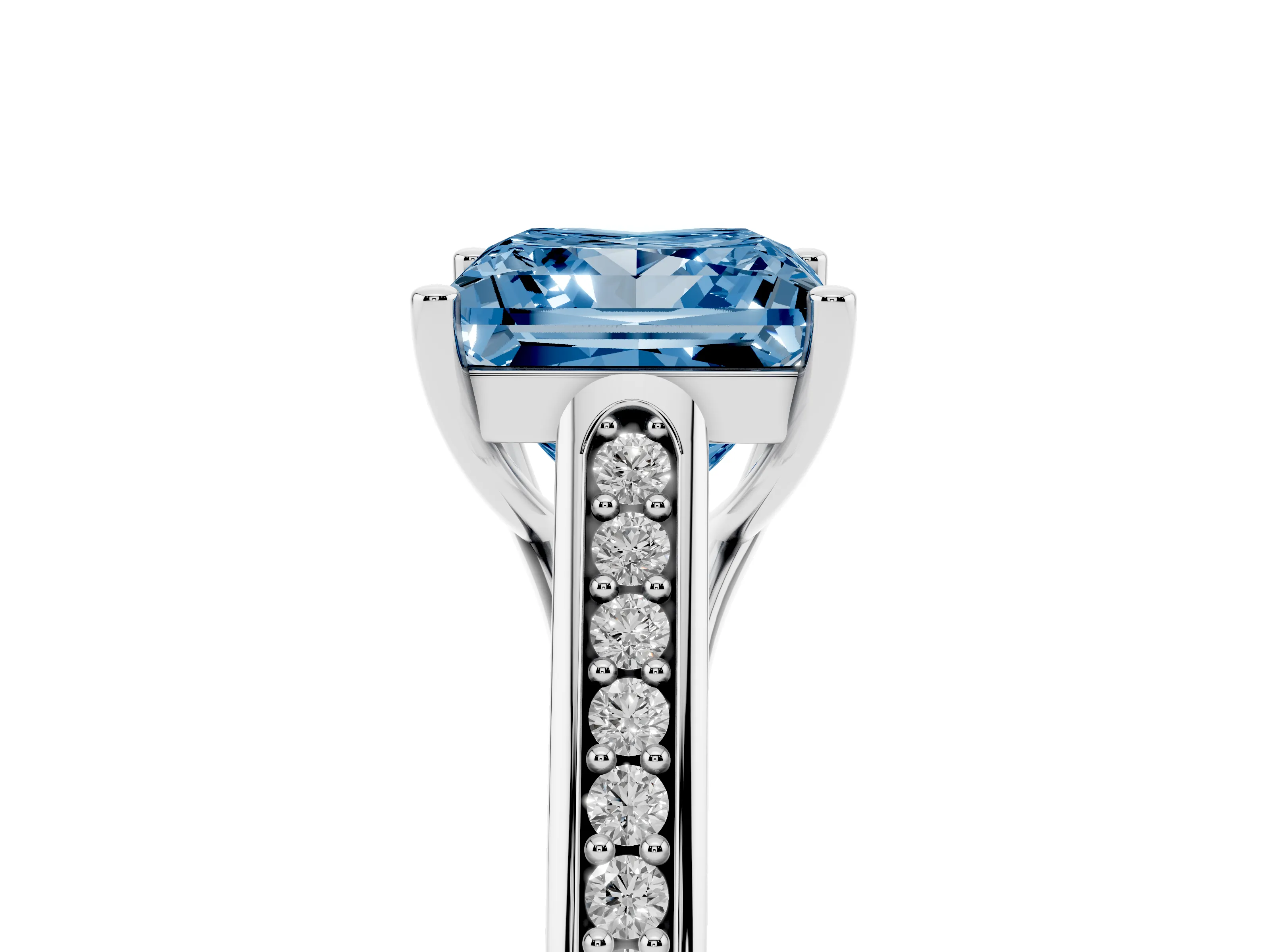 Fancy Blue Princess Cut Diamond Solitaire Cathedral Engagement Ring Set in White gold with Channel-Set Band and Prong Setting