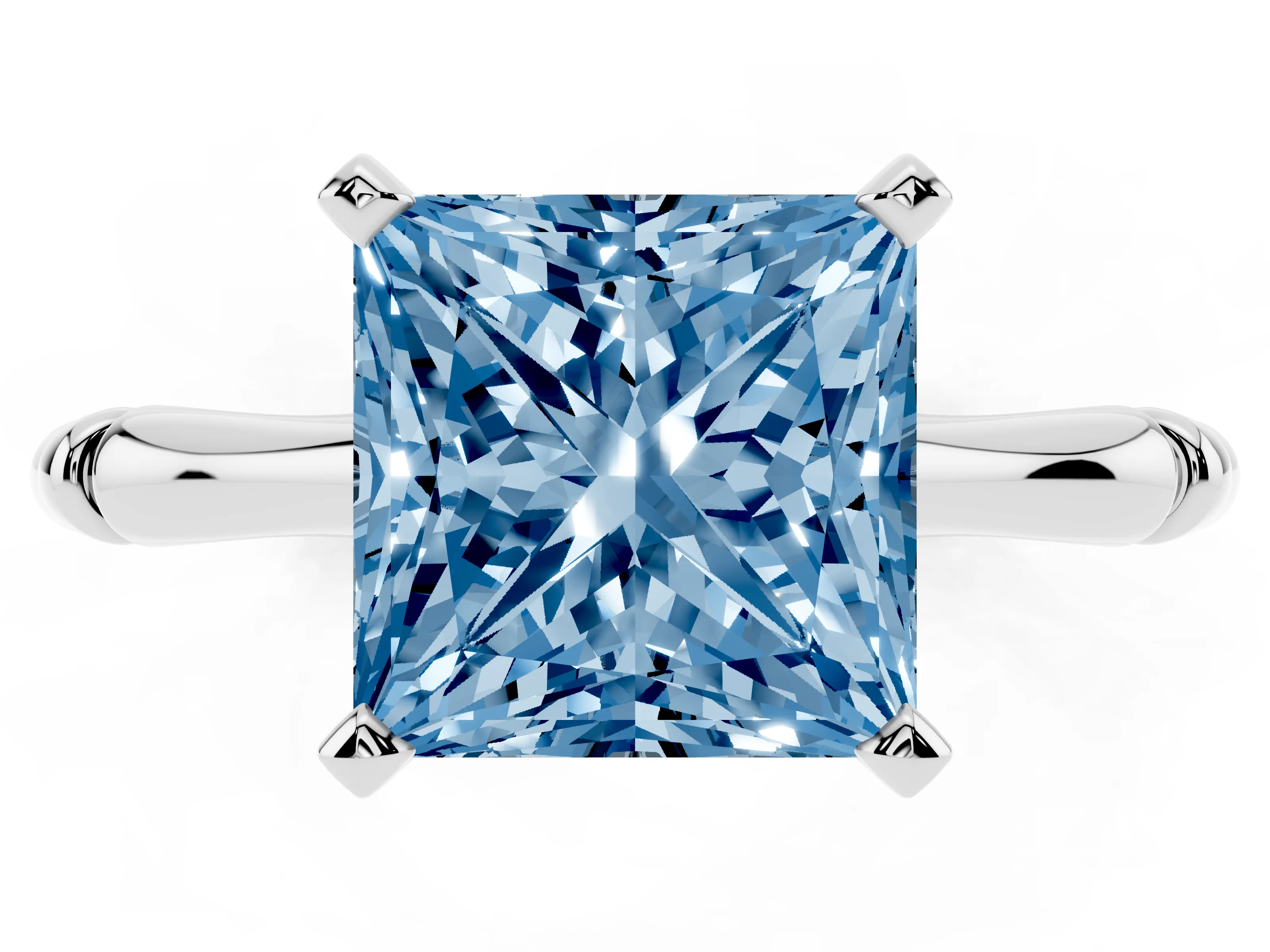Fancy Blue Princess Cut Diamond Solitaire Ring Set in White gold with Bamboo Band and Prong Setting