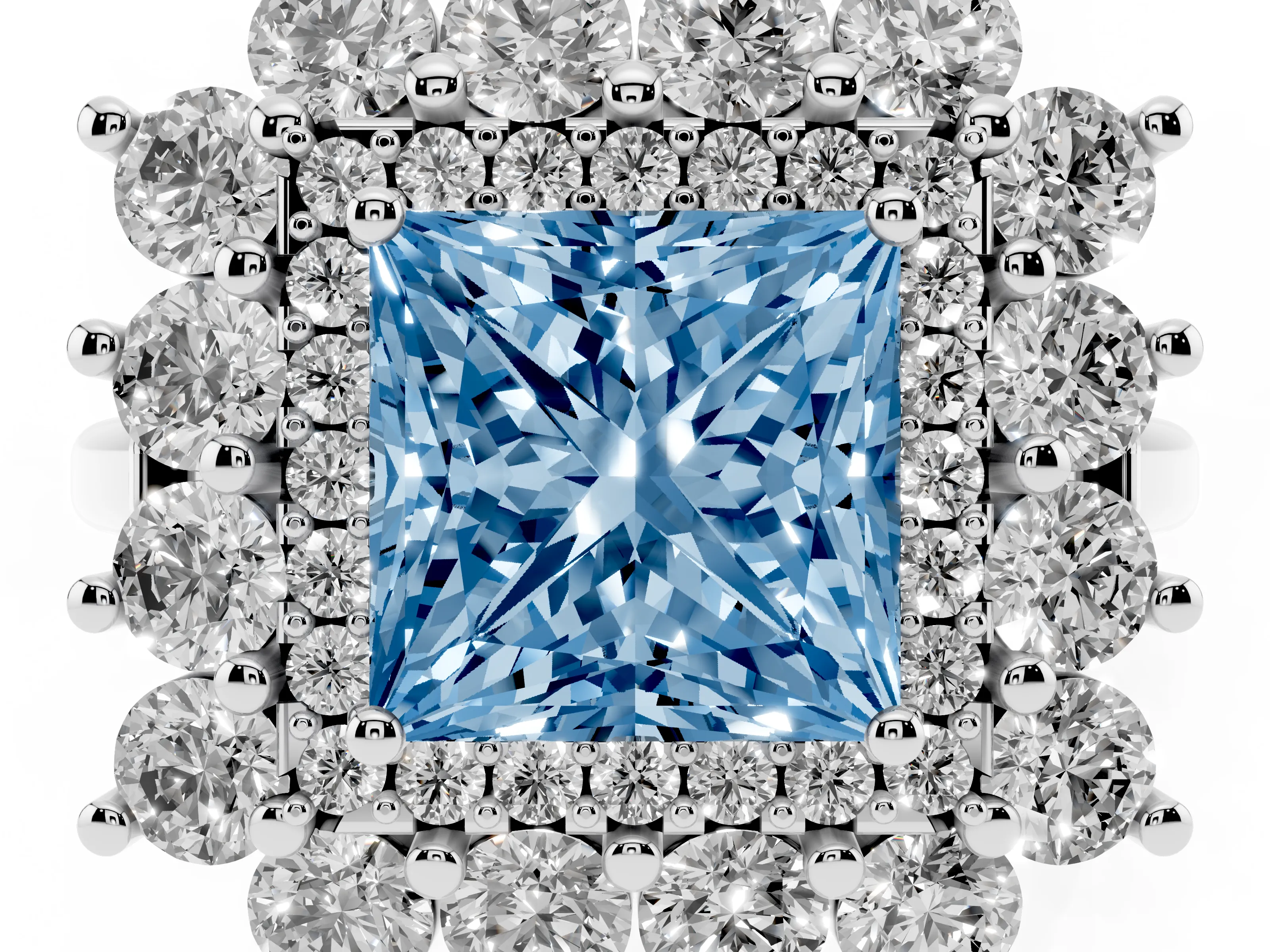 Fancy Blue Princess Cut Diamond Floral Double Halo Ring Set in Platinum with Round Petals