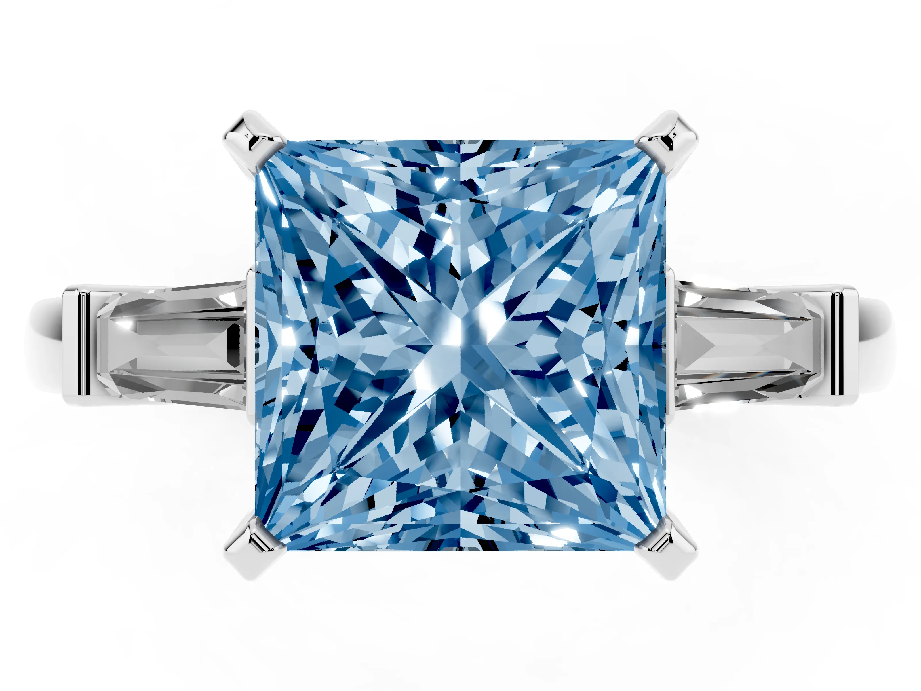 Fancy Blue Princess Cut Diamond Solitaire Ring Set in White gold with Tapered Baguette Accents and Prong Setting