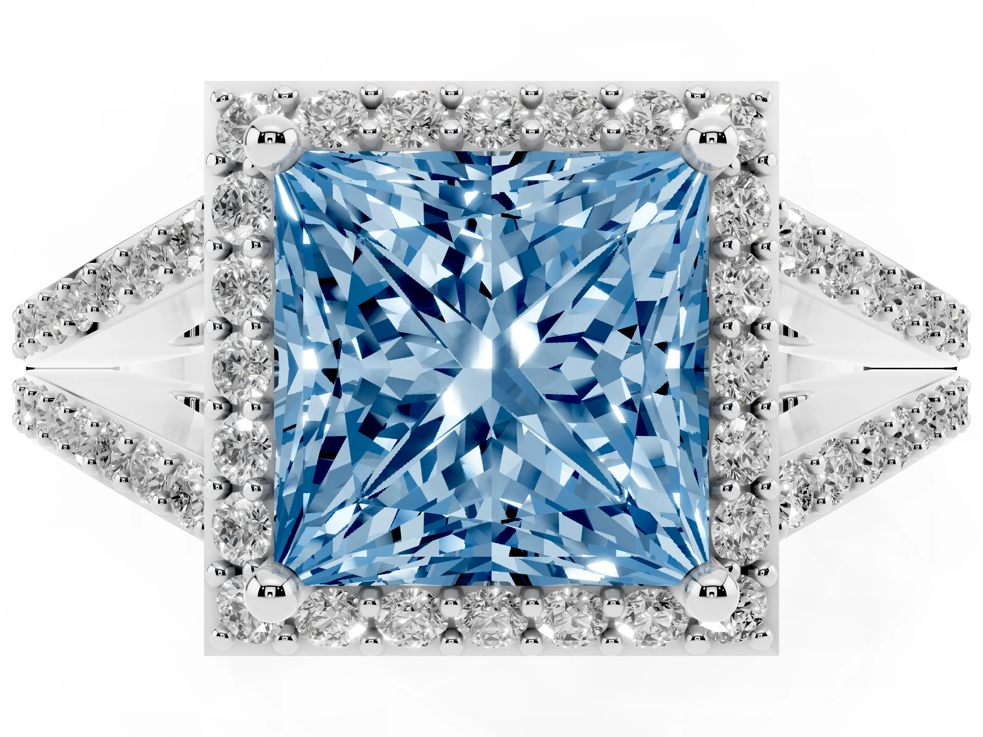 Fancy Blue Princess Cut Diamond Halo Split Shank Pavé Ring Set in White gold with Prong Setting
