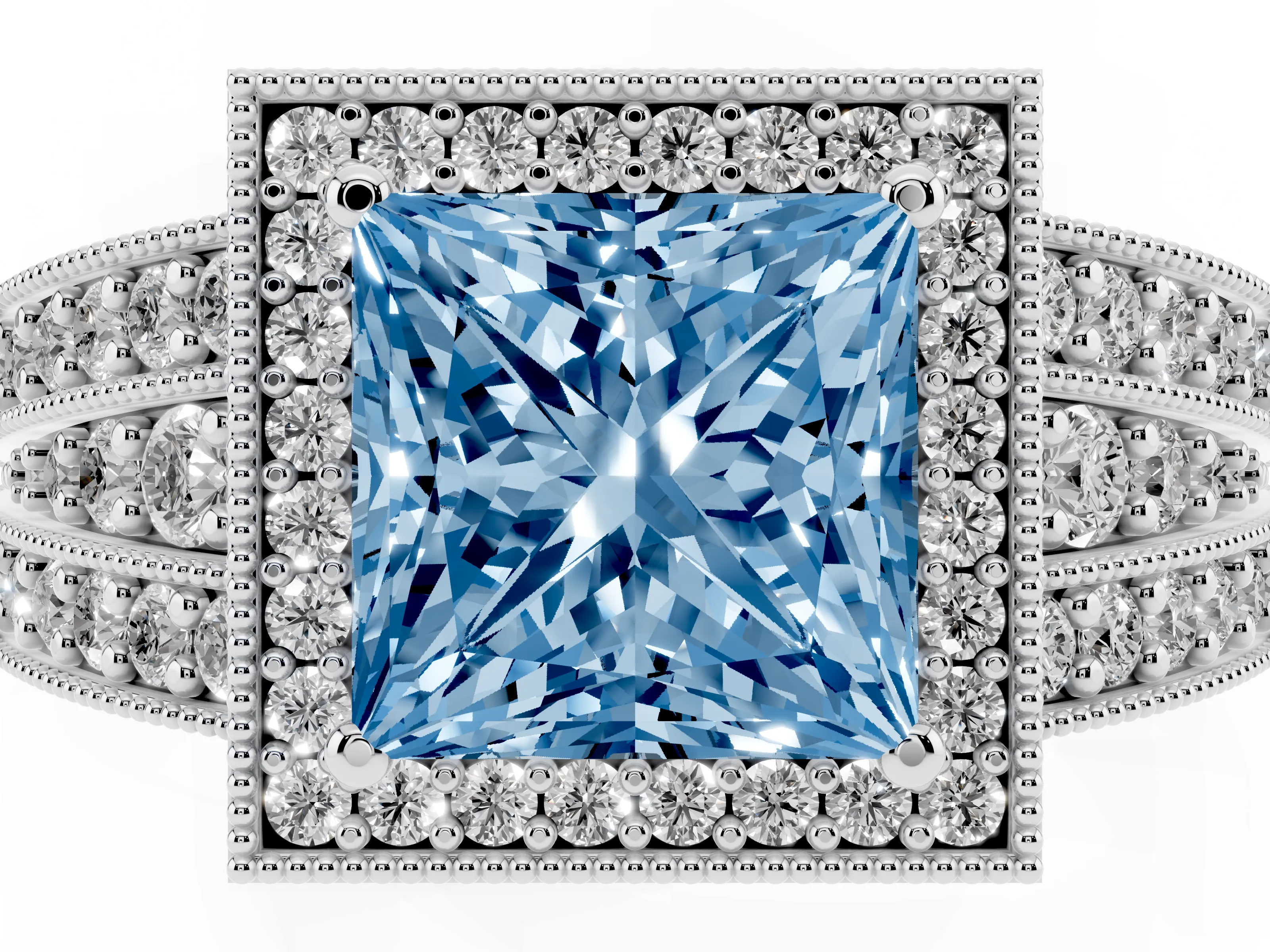 Fancy Blue Princess Cut Diamond Halo Ring Set in White gold with Accent Split Shank and Prong Setting