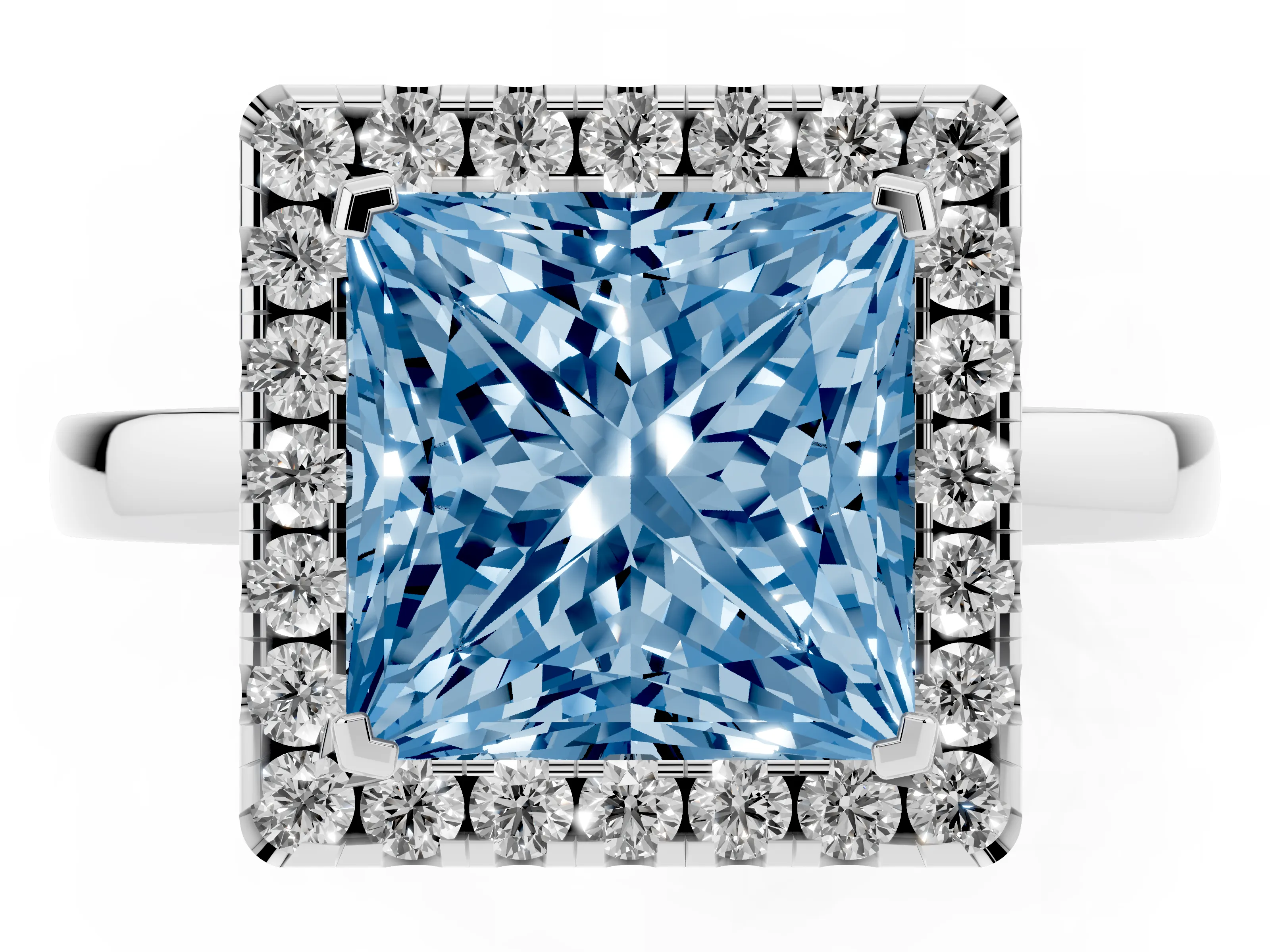 Fancy Blue Princess Cut Diamond Halo Solitaire Ring Set in White gold with Pavé Band and Prong Setting