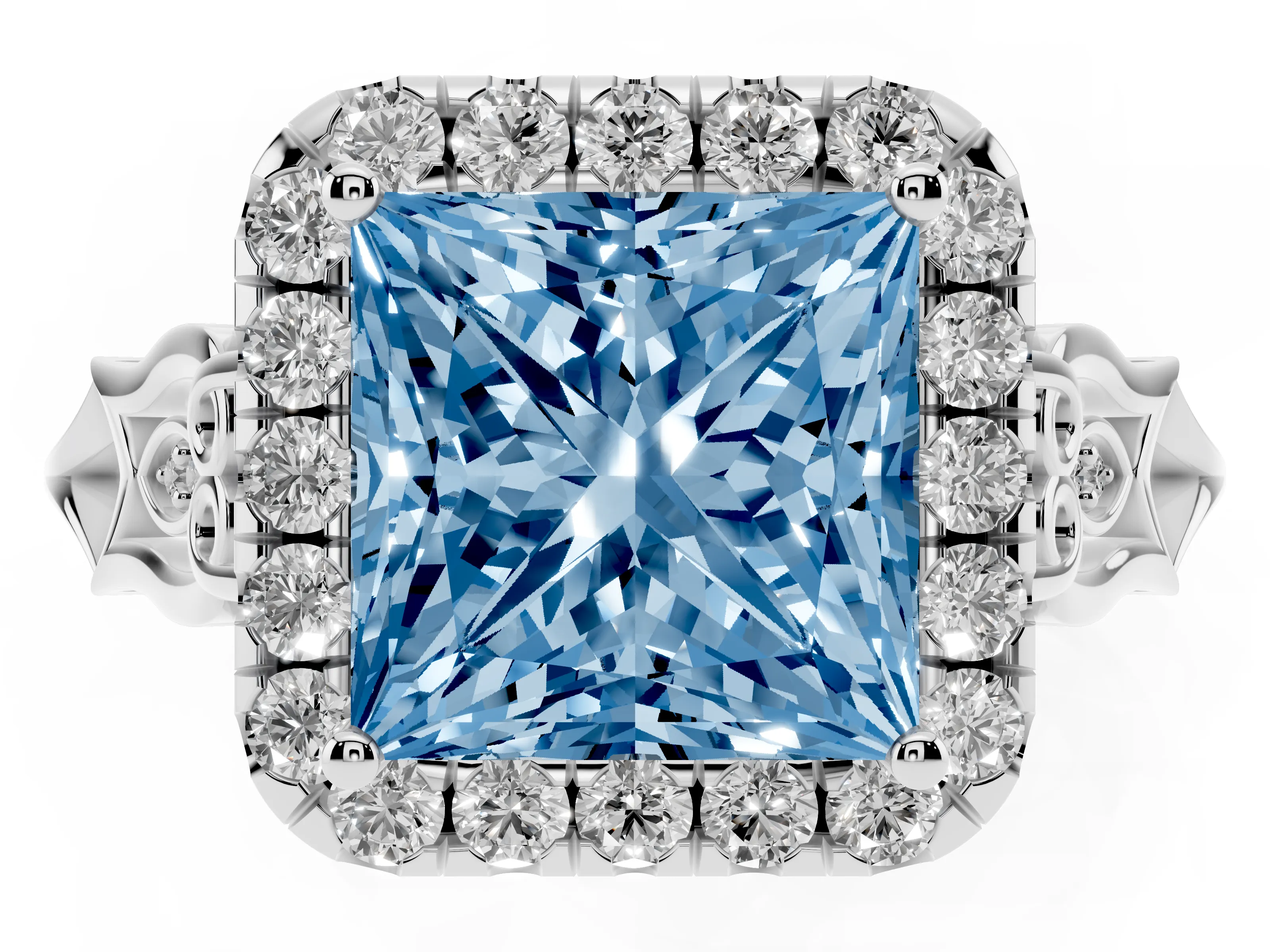 Princess Cut Halo Engagement Ring Setting for a Fancy Blue Lab-Grown Diamond | Filigree Shoulders | Platinum