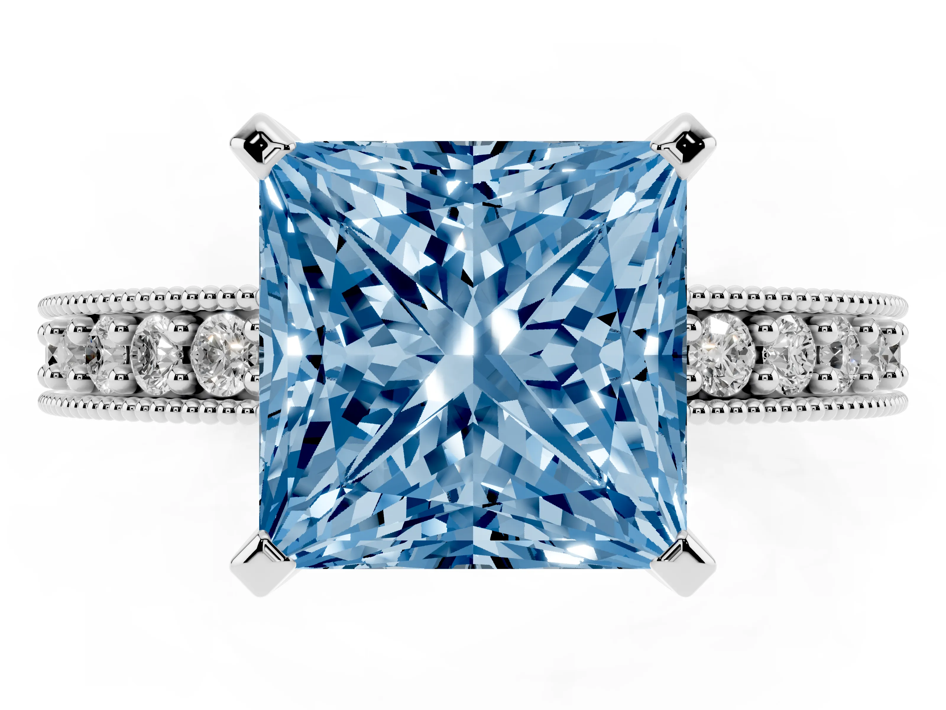 Fancy Blue Princess Cut Diamond Milgrain Pavé Engagement Ring Set in Silver with Prong Setting
