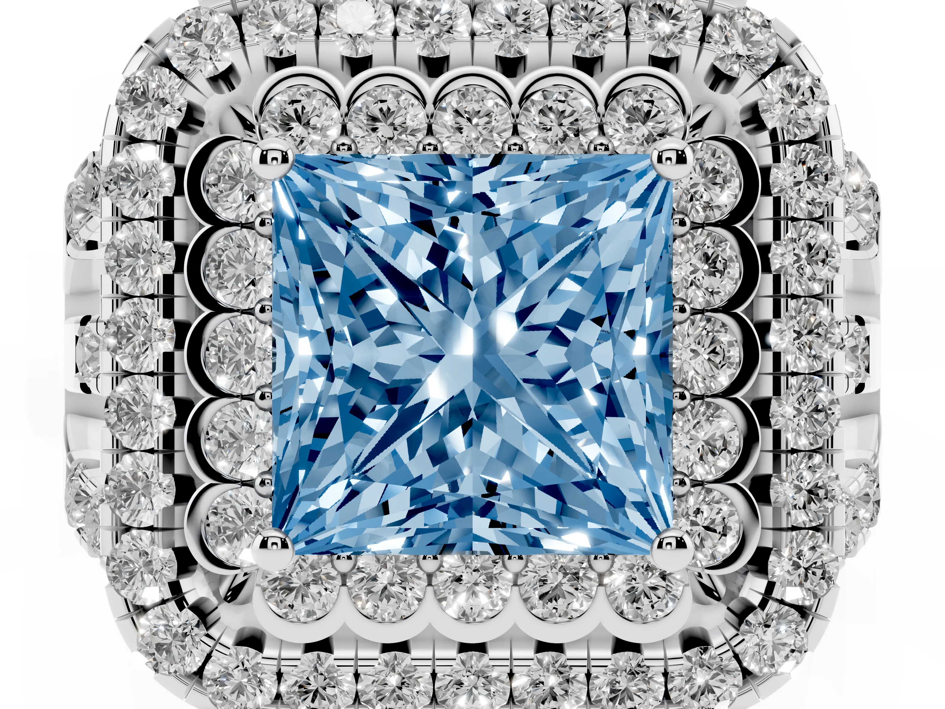 Fancy Blue Princess Cut Diamond Double Halo Ring Set in White gold with Round Pavé Split Shank