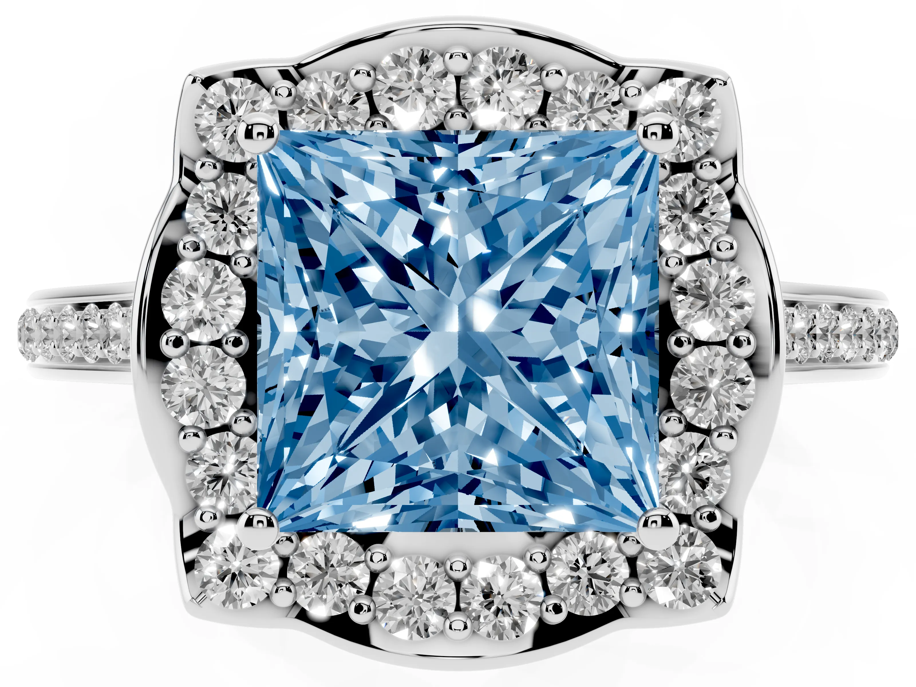 Fancy Blue Princess Cut Diamond Halo Ring Set in Silver with Pavé-Lined Shoulders and Prong Setting
