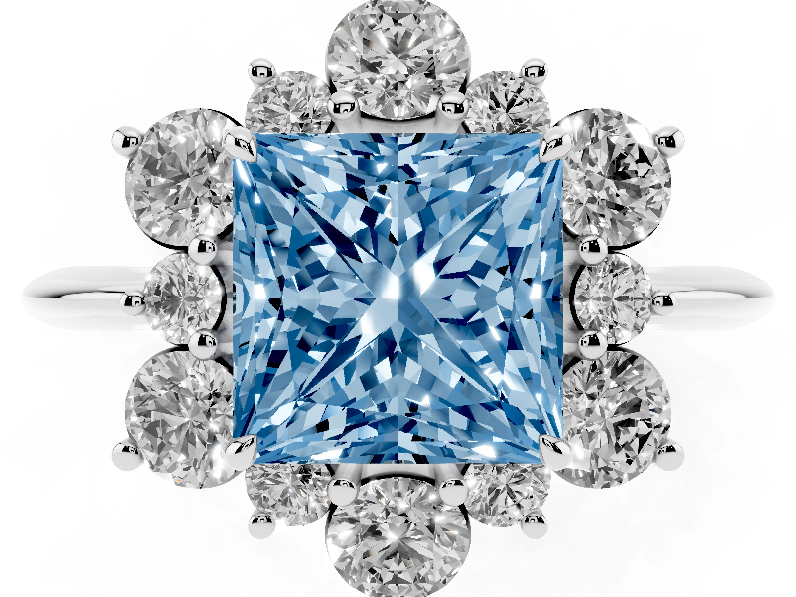 Fancy Blue Princess Cut Diamond Cluster Halo Ring Set in White gold with Solitaire Band and Prong Setting