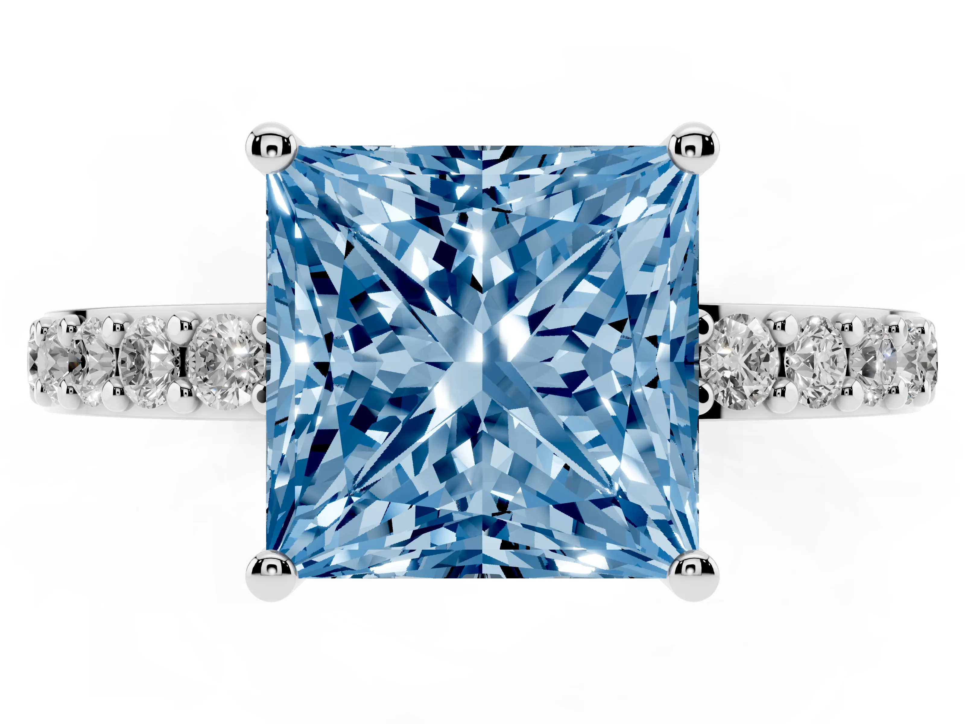 Fancy Blue Princess Cut Diamond Solitaire Set in White gold with Round Pavé Band and Prong Setting