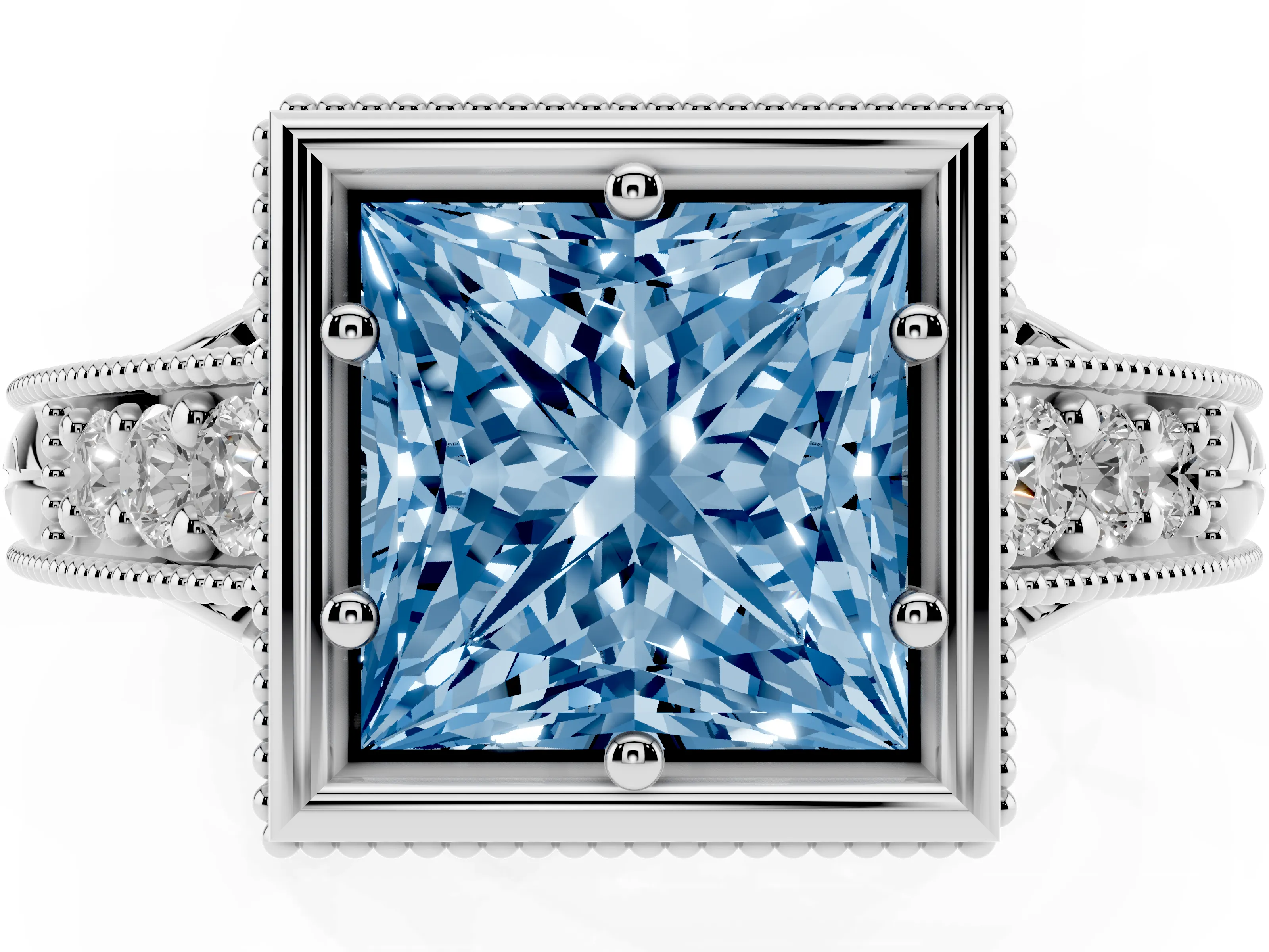 Fancy Blue Bezel Set Princess Cut Diamond Milgrain Pavé Engagement Ring Set in White gold