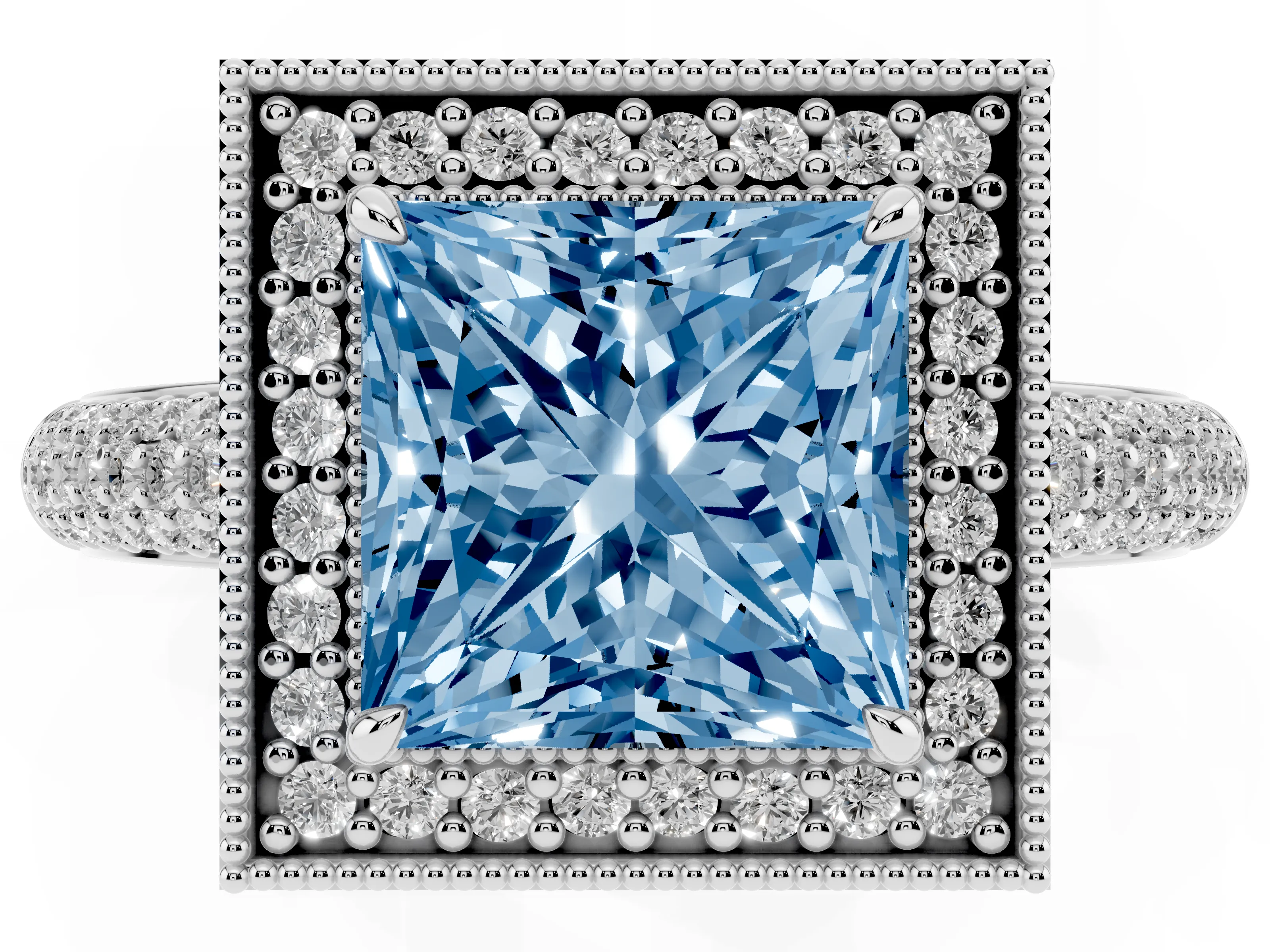 Fancy Blue Princess Cut Diamond Halo Pavé Band Set in White gold with Prong Setting