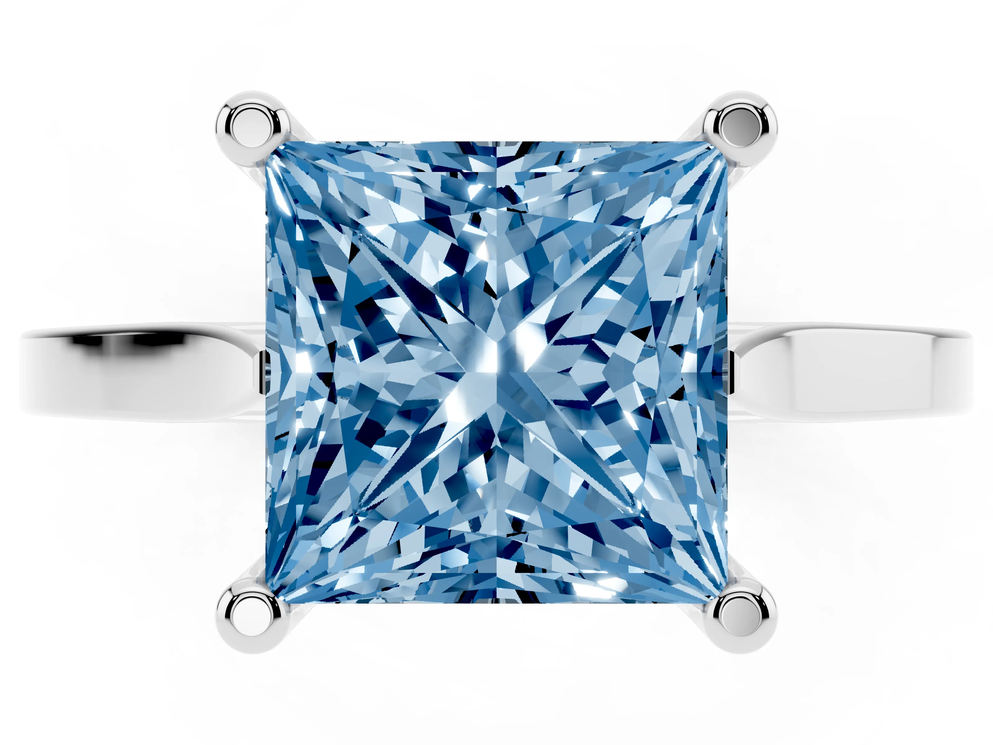 Fancy Blue Princess Cut Diamond Solitaire Ring Set in White gold with Prong Setting and Tapered Band