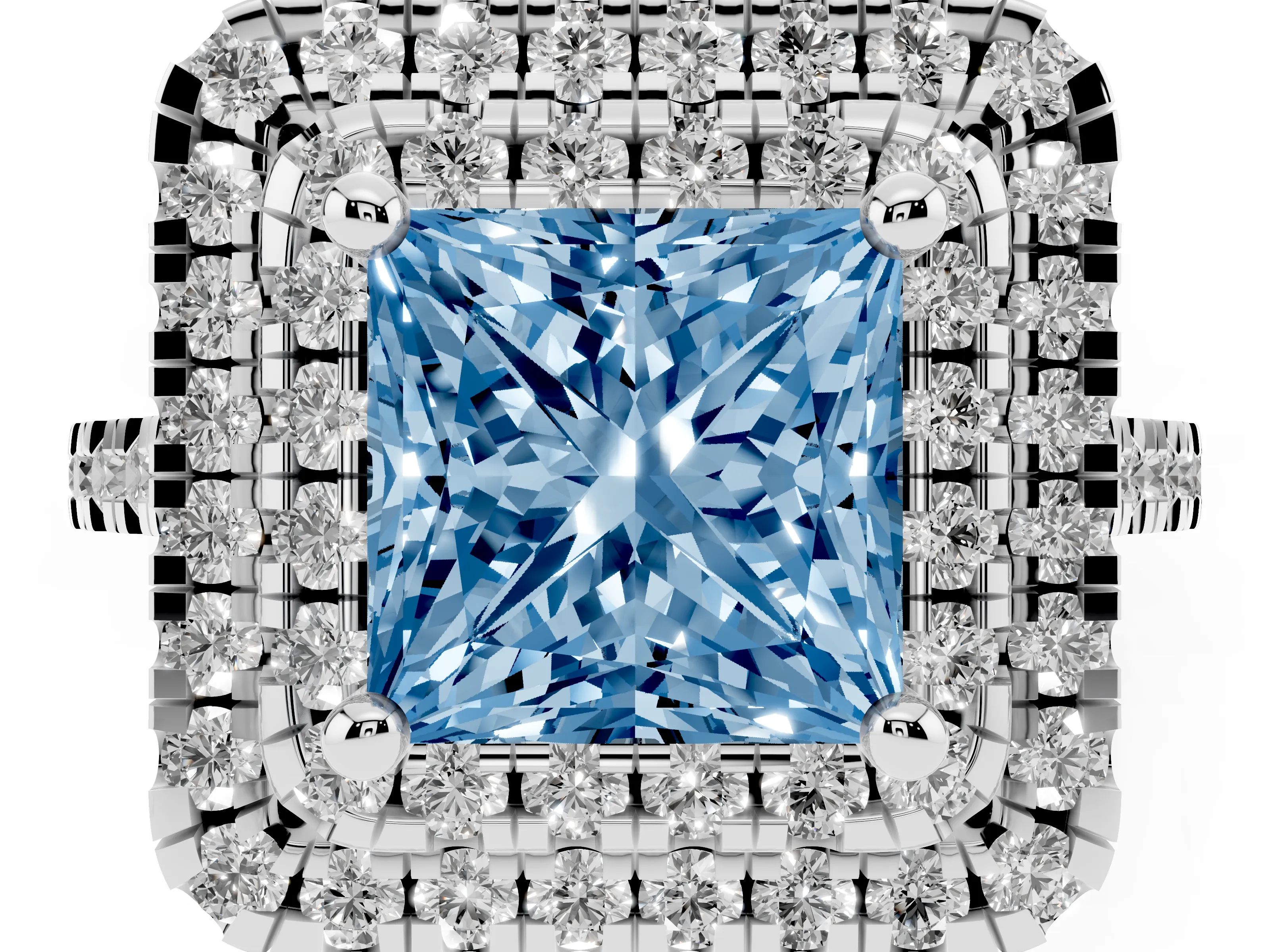 Fancy Blue Princess Cut Diamond Double Halo Statement Ring Set in White gold with Pavé Band