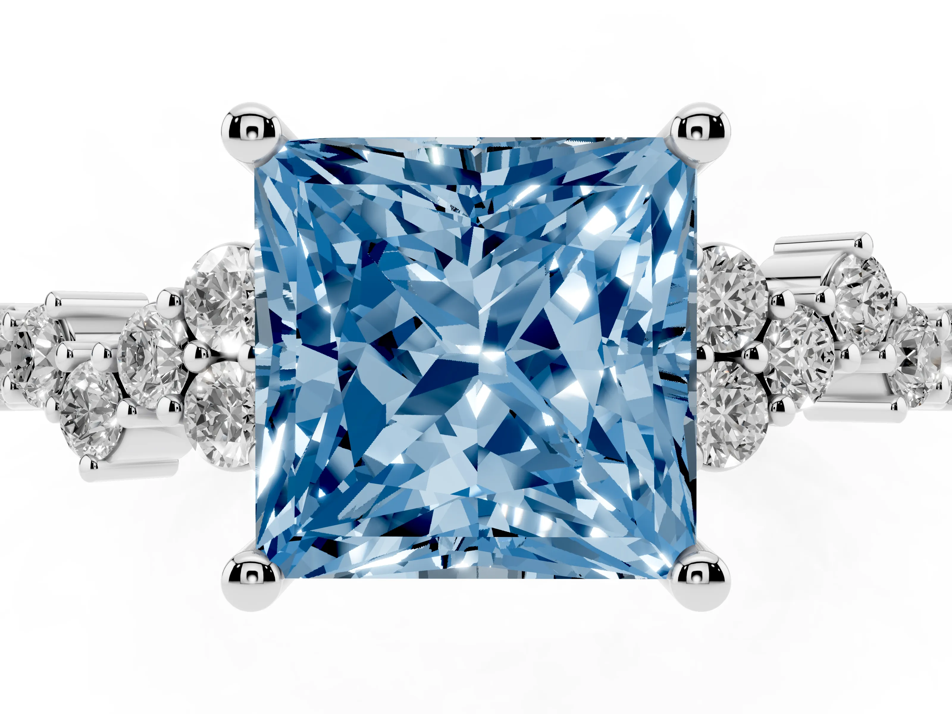 Fancy Blue Princess Cut Diamond Ring Set in White gold with Scattered Round Accents