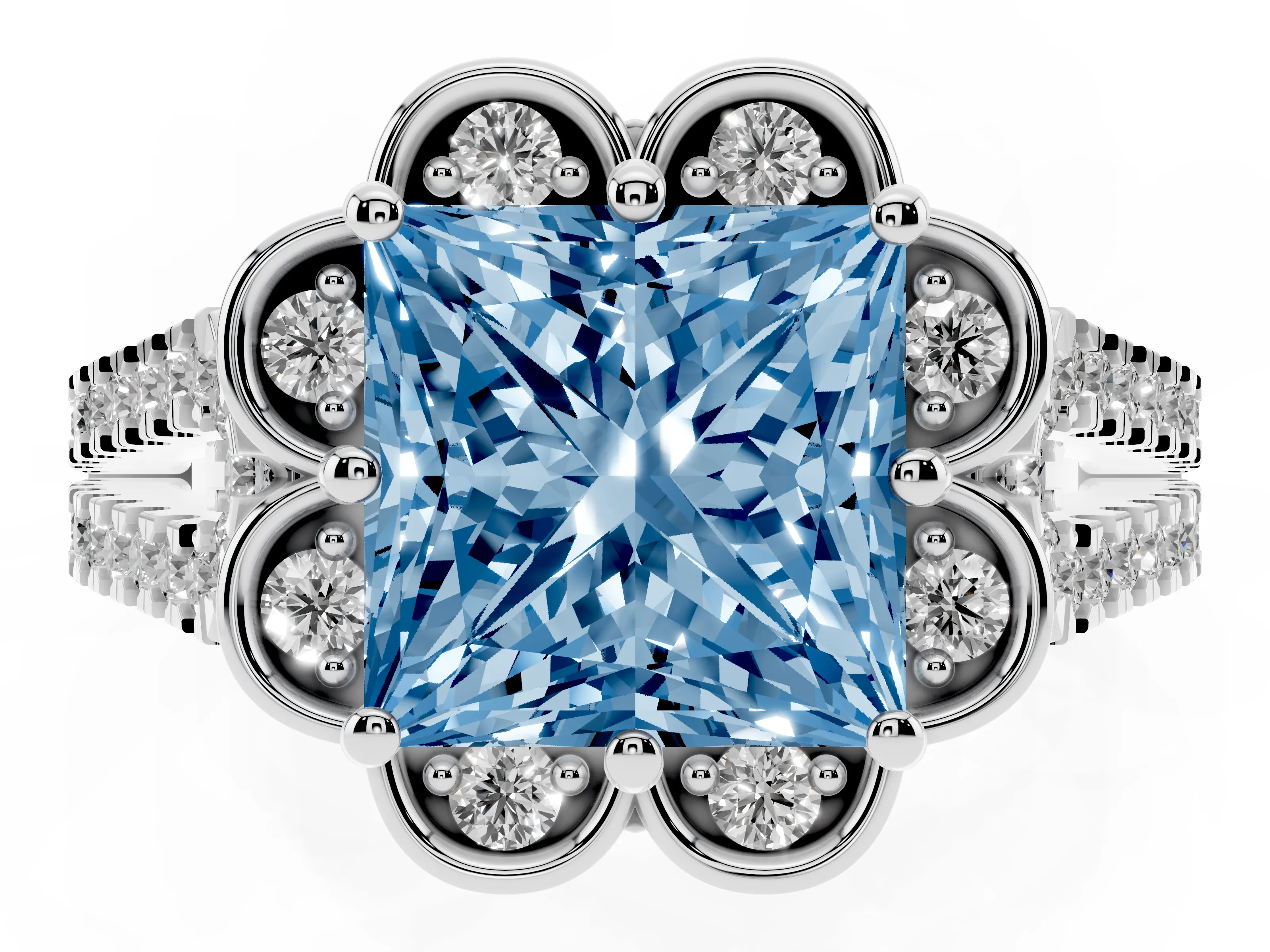 Fancy Blue Princess Cut Diamond Floral Halo Split Shank Engagement Ring Set in Platinum with Pavé Shank