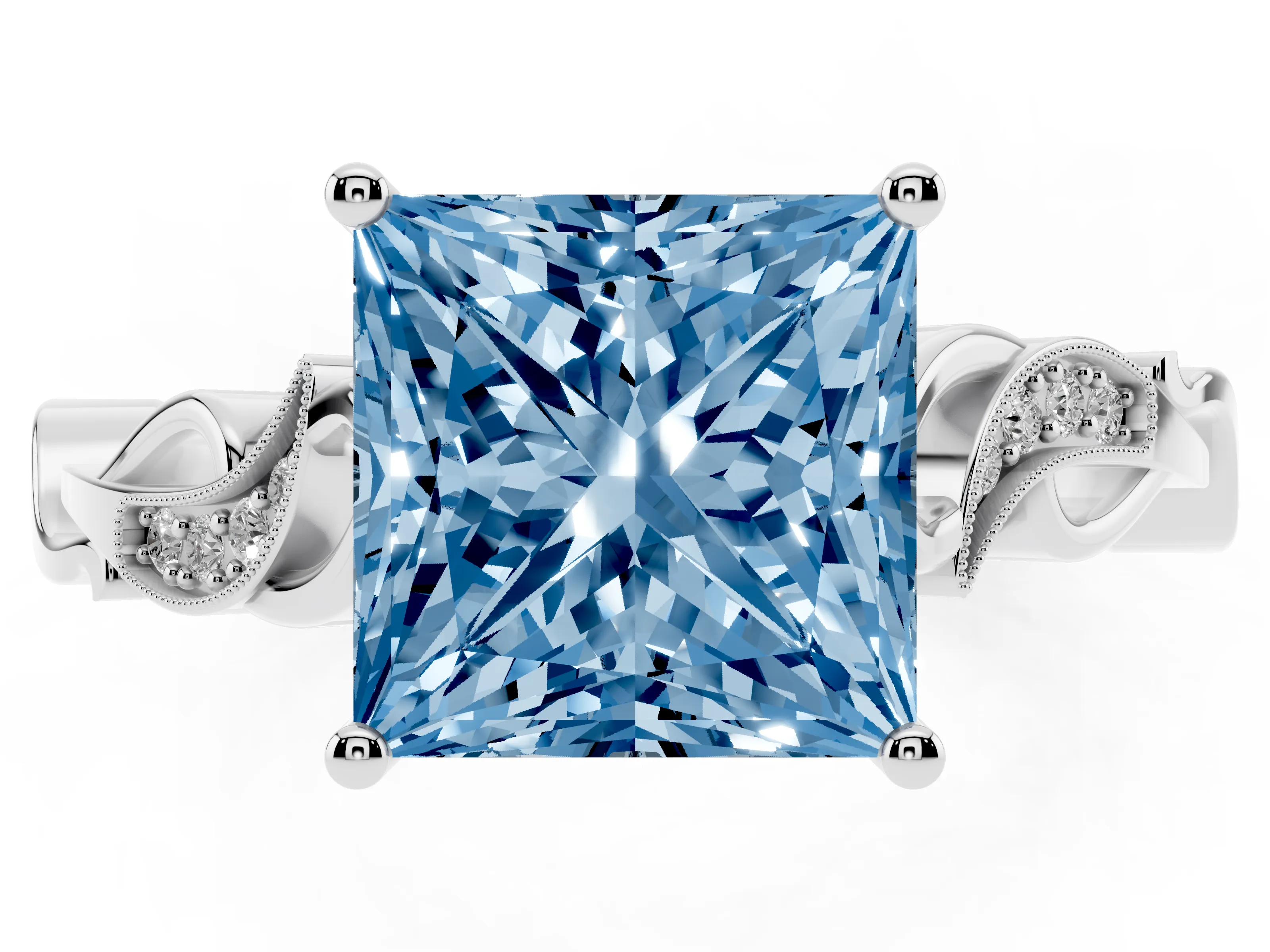 Fancy Blue Princess Cut Diamond Vine Band Solitaire Ring Set in Platinum with Milgrain Prong Setting