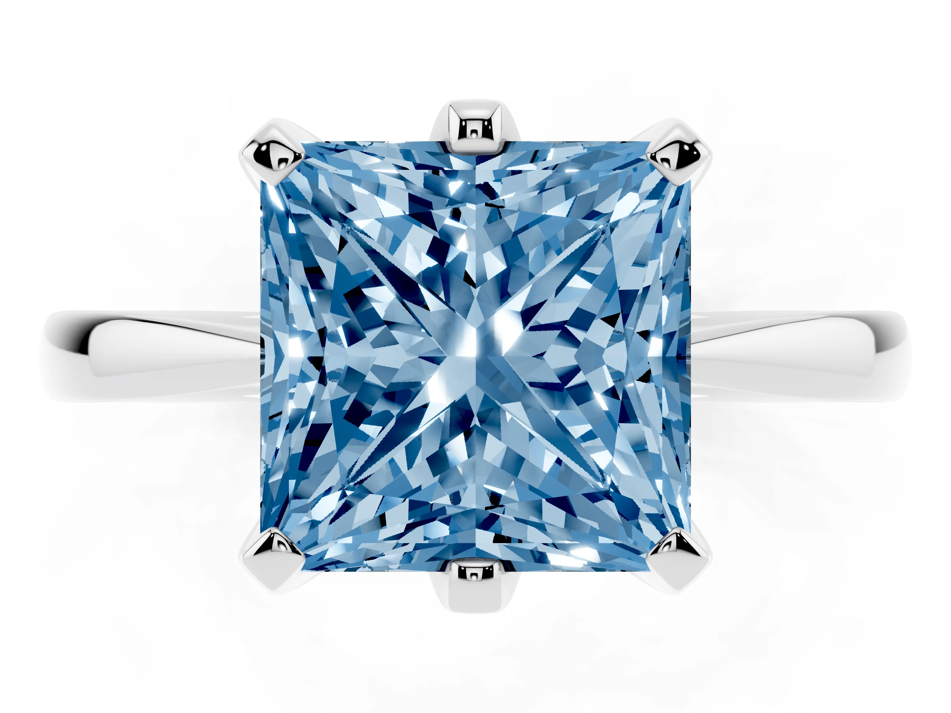 Fancy Blue Princess Cut Diamond Solitaire Engagement Ring Set in White gold with Slim Tapered Solitaire Band