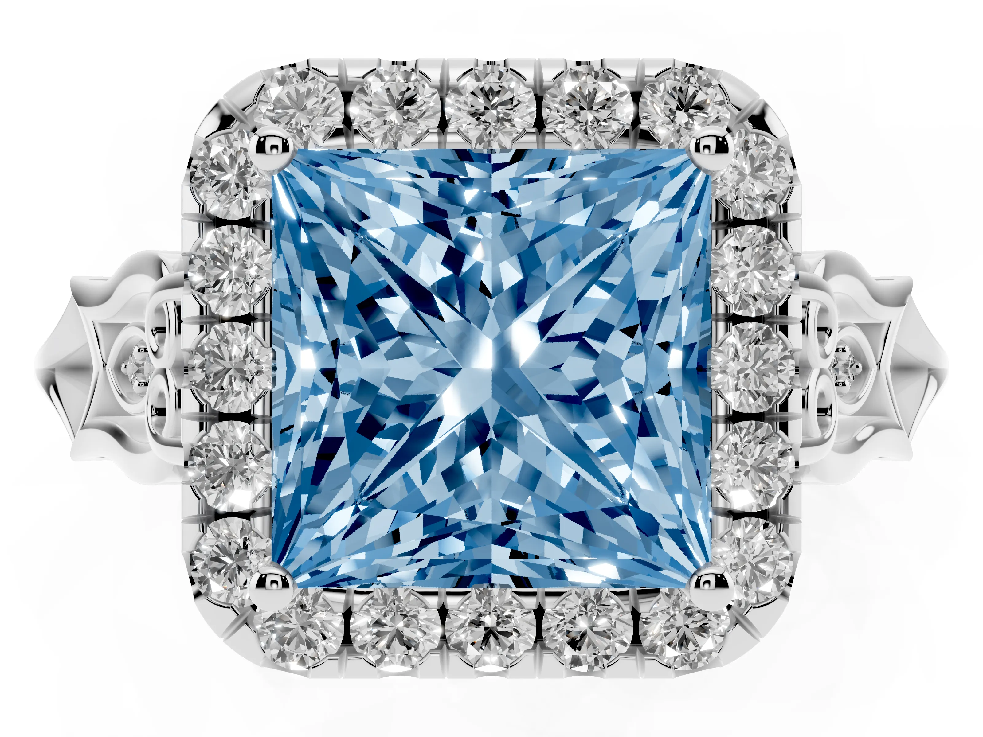Fancy Blue Princess Cut Diamond Halo Engagement Ring Set in White gold with Filigree Band and Prong-Set Center