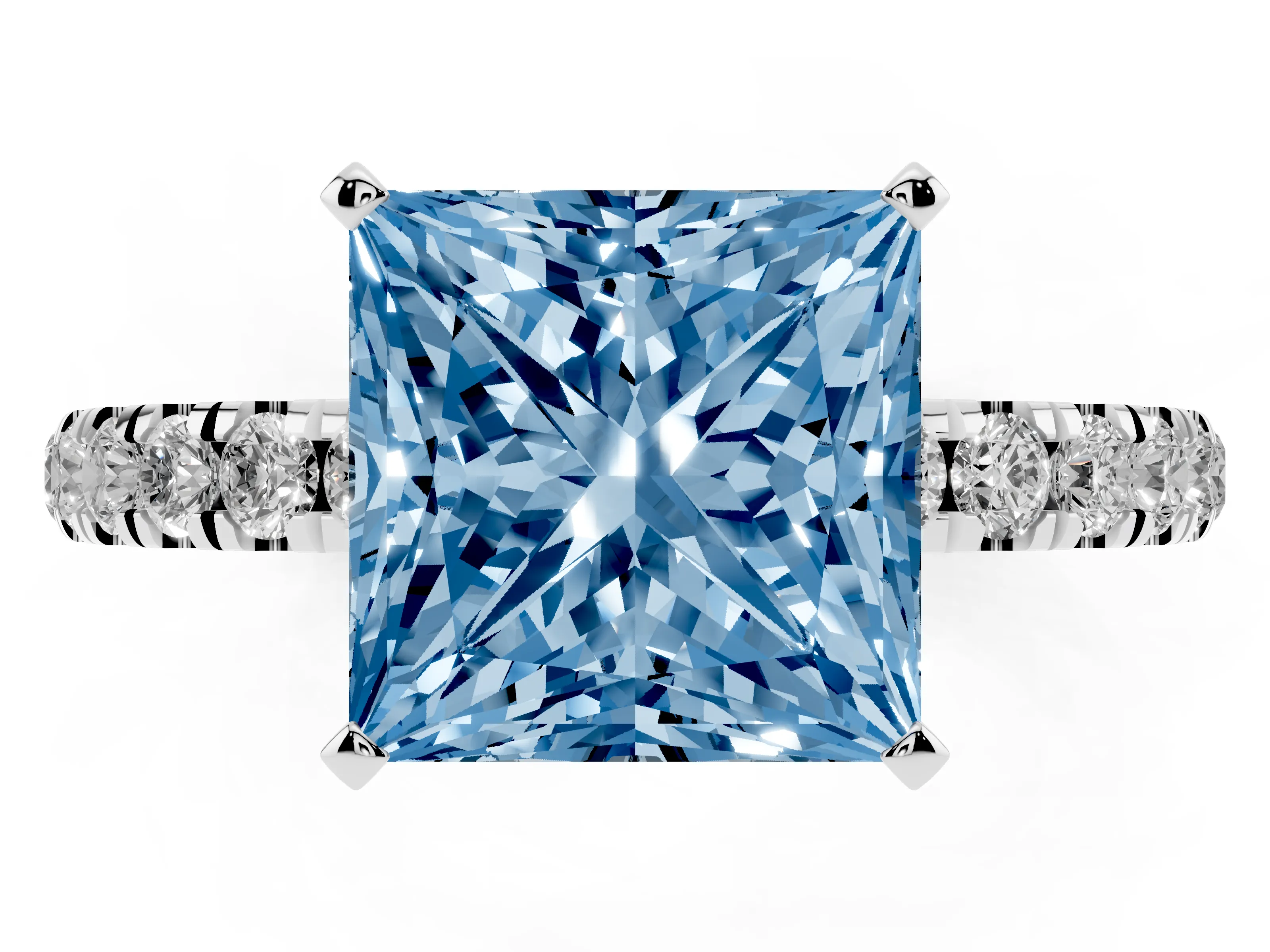 Fancy Blue Princess Cut Diamond Solitaire Ring Set in Silver with Pavé Accents and Prong Setting