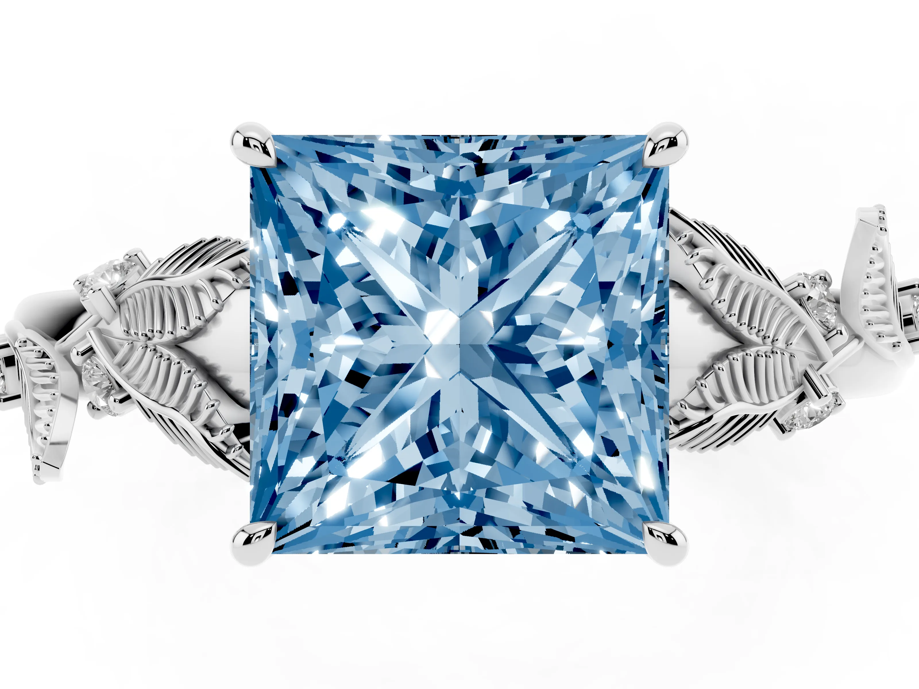 Fancy Blue Princess Cut Diamond Solitaire Ring Set in Silver with Leaf Motif Band