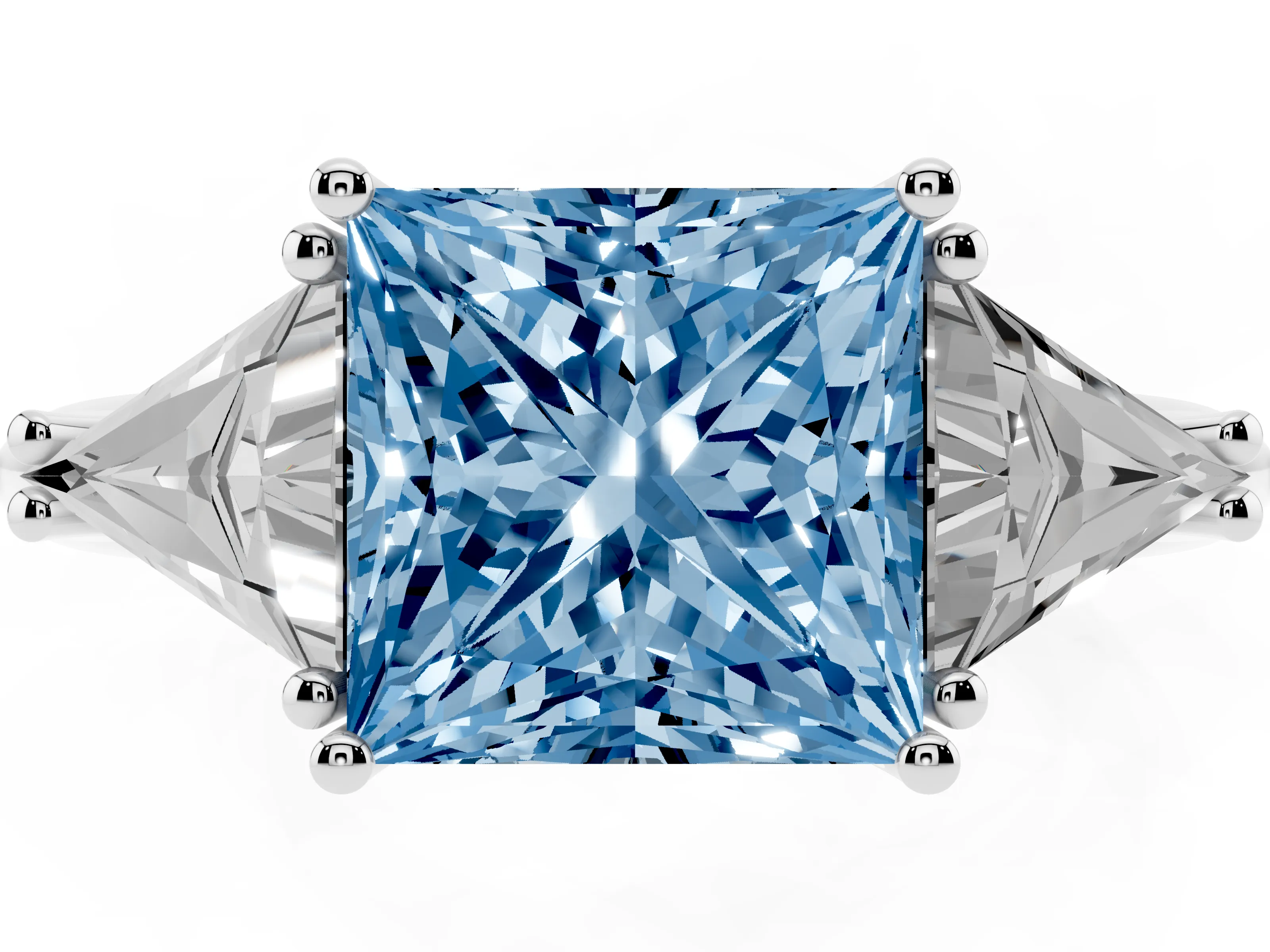 Fancy Blue Princess Cut Diamond Three-Stone Engagement Ring Set in Silver with Trillion Side Stones