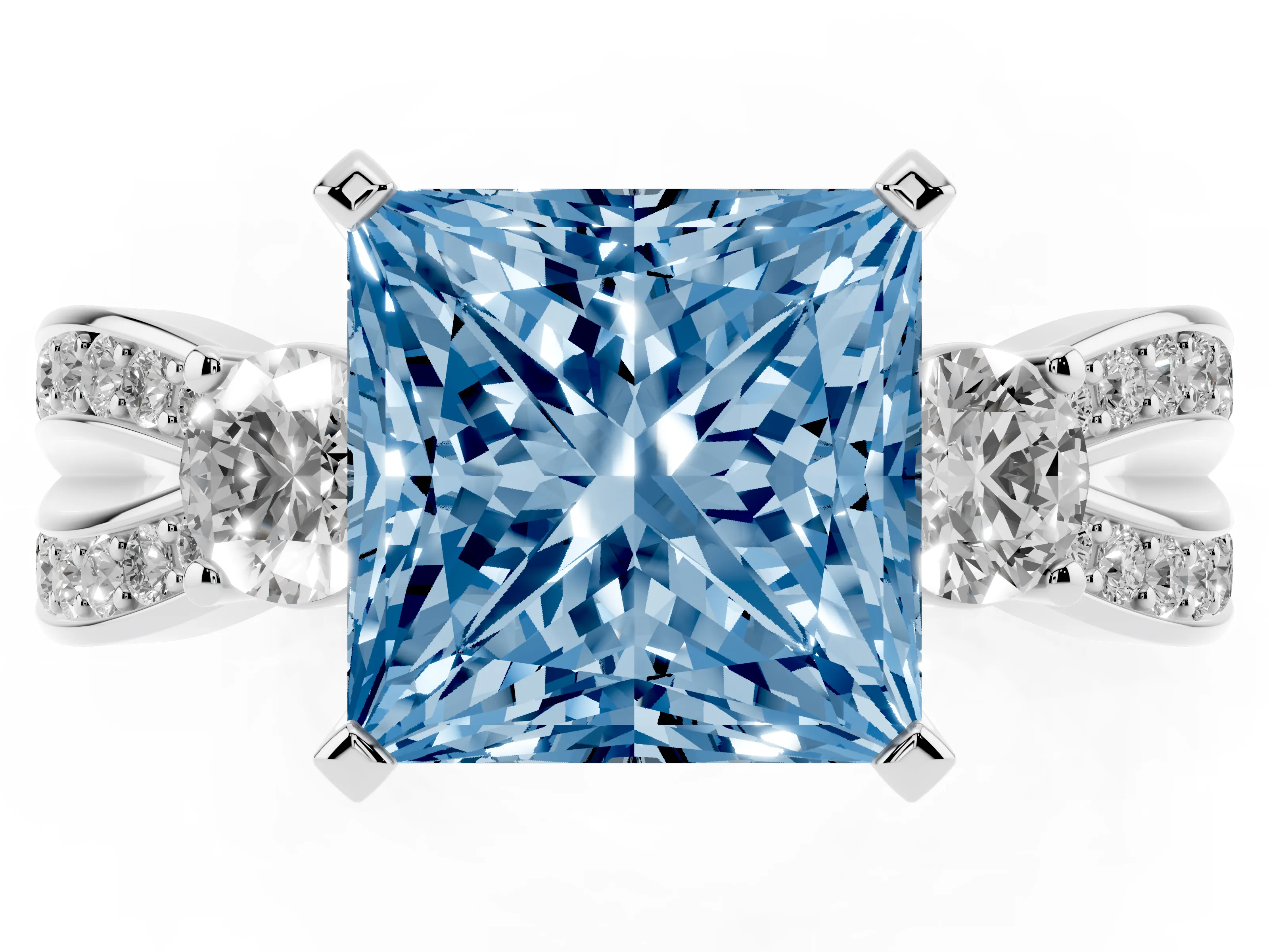 Fancy Blue Three-Stone Princess Cut Diamond Twist Band Ring Set in Silver with Pavé Accents and Prong Setting