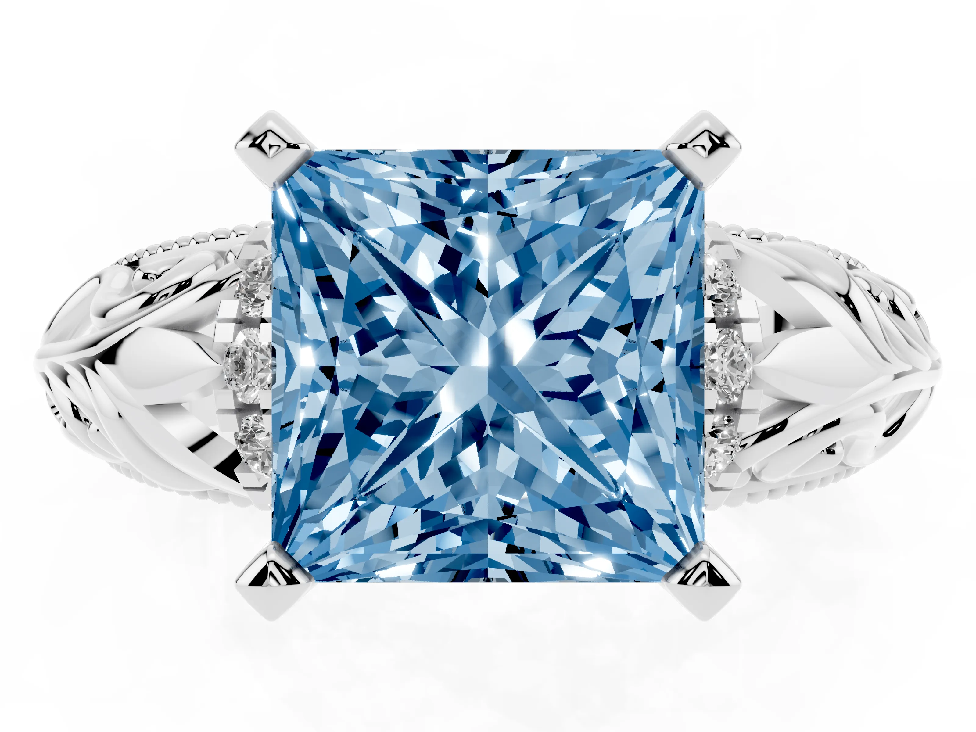 Fancy Blue Princess Cut Diamond Filigree Halo Engagement Ring Set in Platinum with Prong Setting