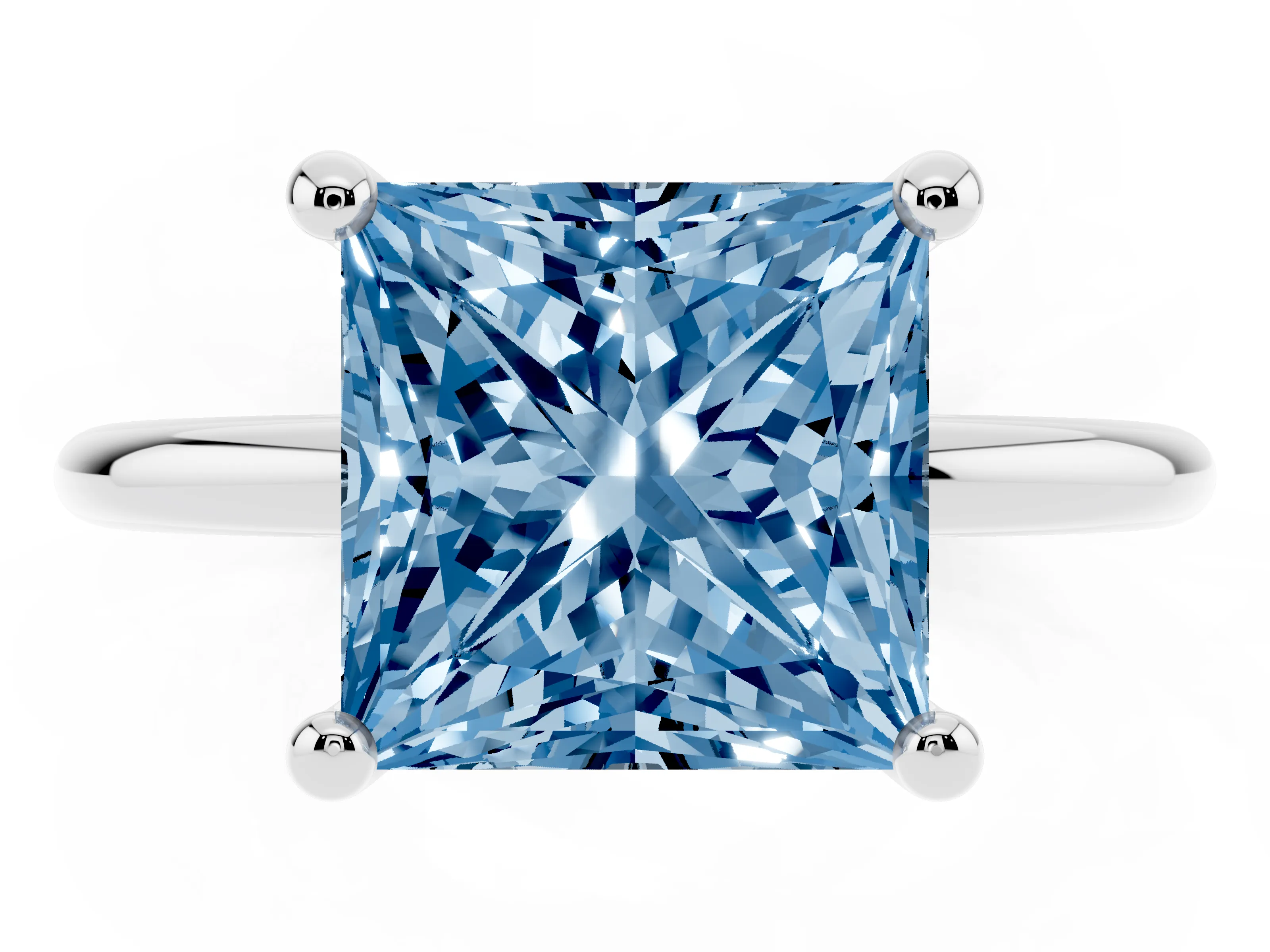 Fancy Blue Princess Cut Diamond Solitaire Ring Set in White gold with Secure Prong Setting on a Classic Band