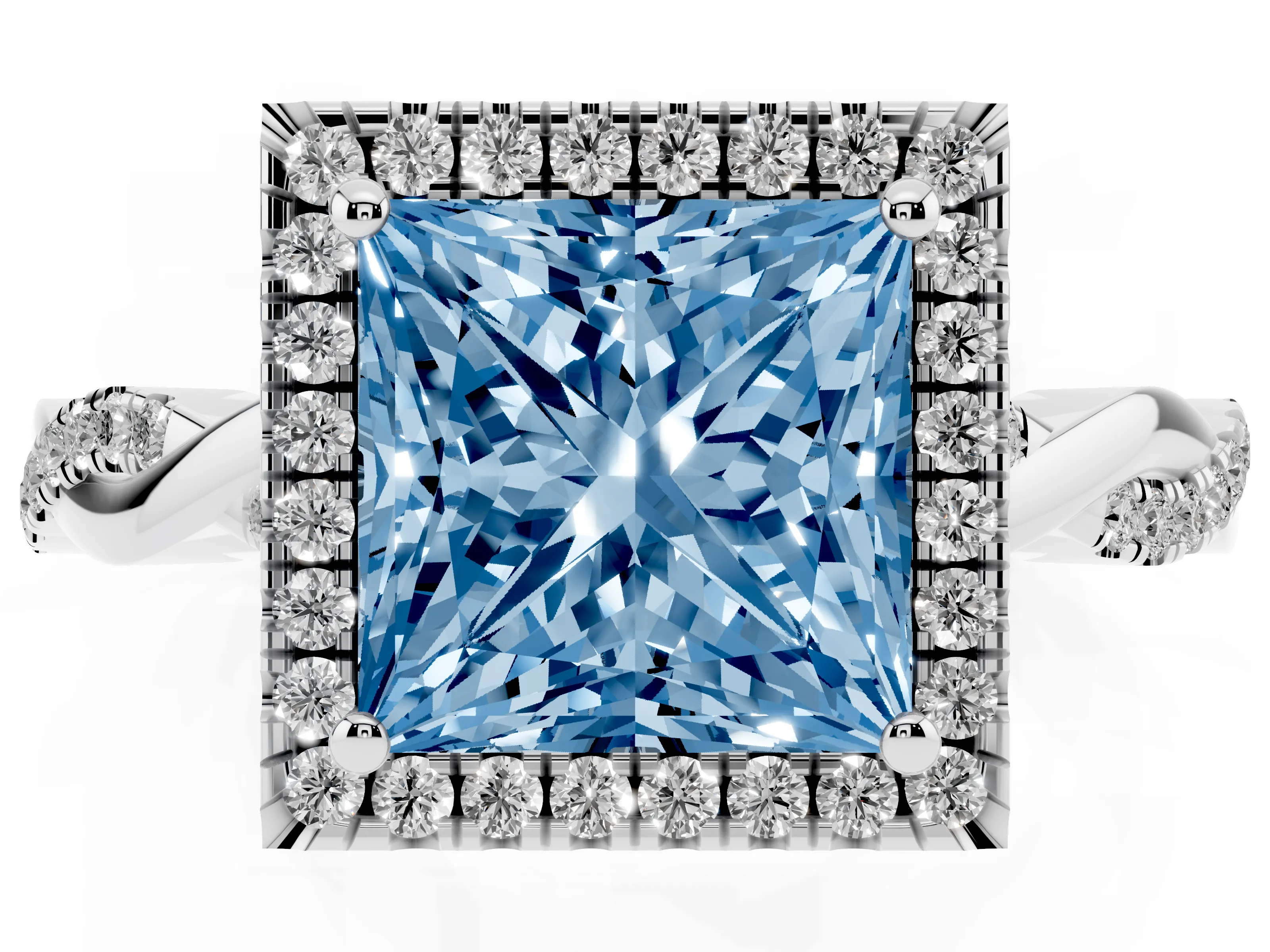 Fancy Blue Princess Cut Diamond Halo Twisted Band Ring Set in Platinum with Prong Setting