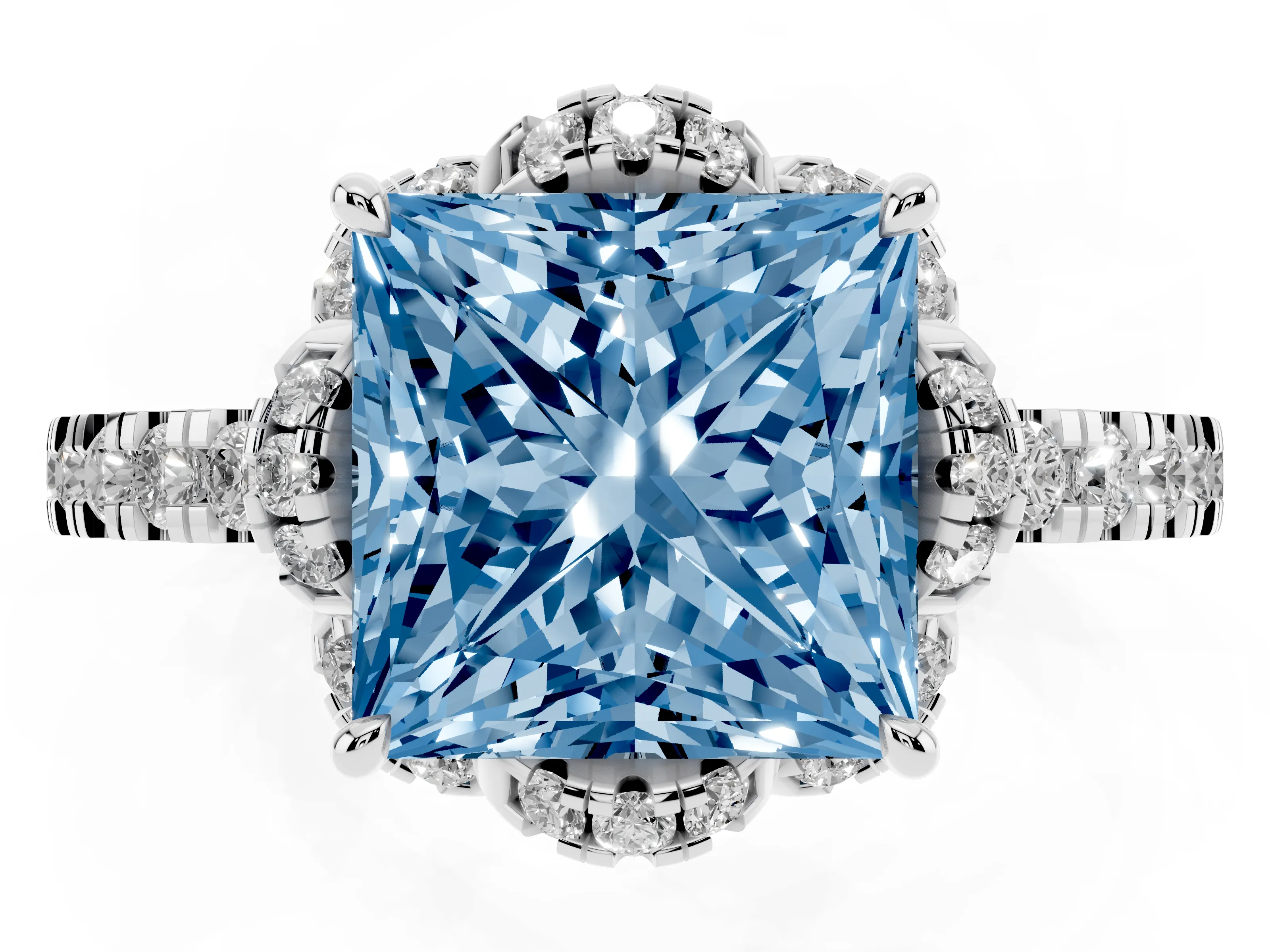 Fancy Blue Princess Cut Diamond Halo Pavé Band Ring Set in Platinum with Prong-Held Center