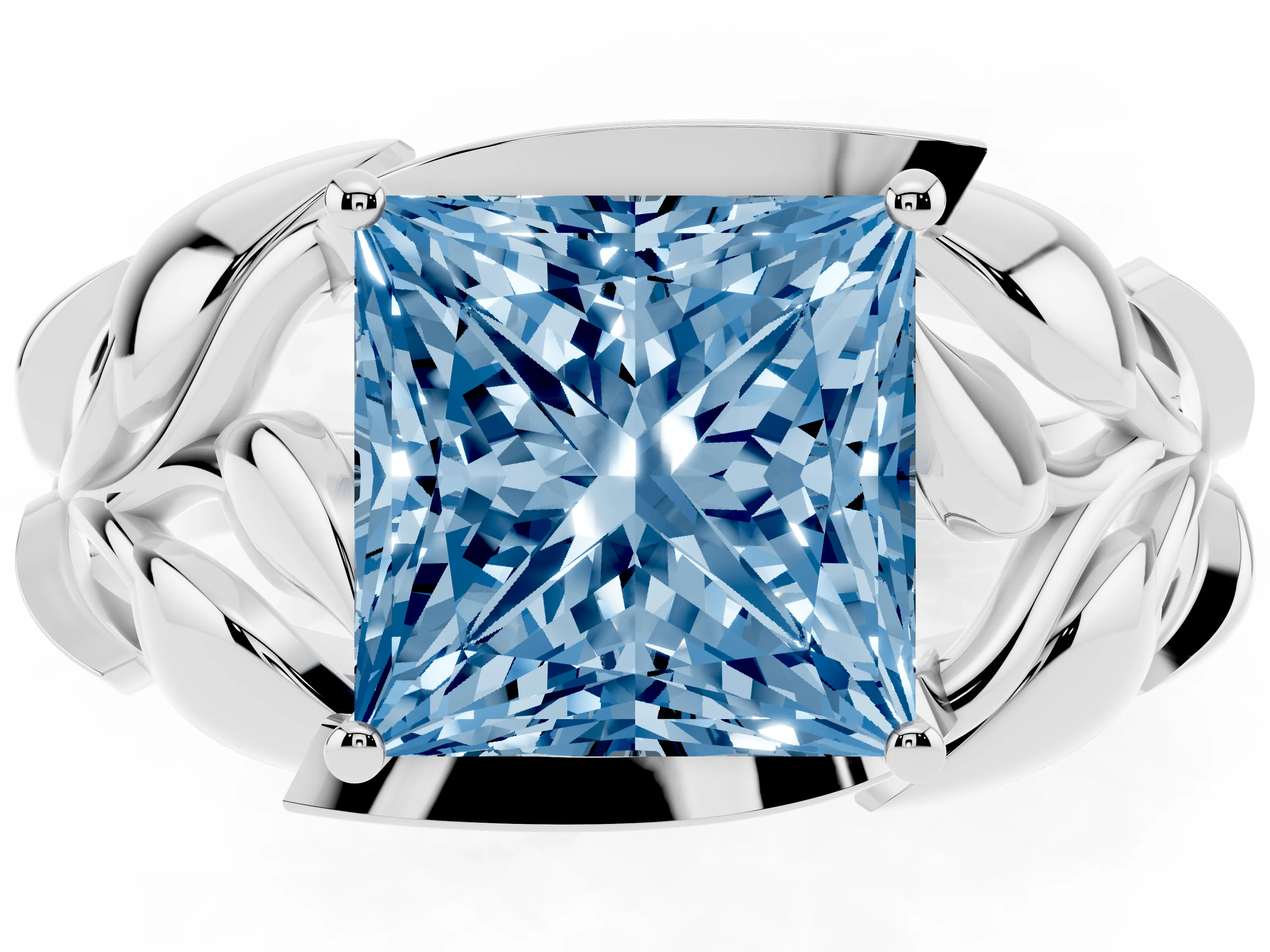 Fancy Blue Princess Cut Diamond Leaf-Inspired Engagement Ring Set in White gold with Round Accents