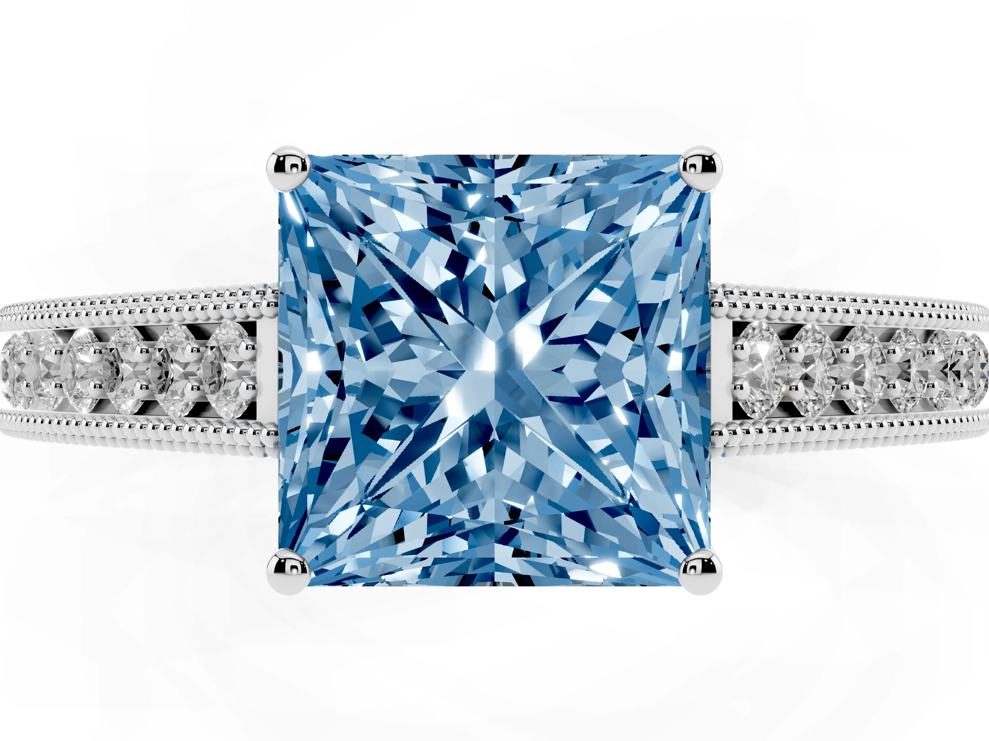 Fancy Blue Princess Cut Diamond Milgrain Pavé Band Solitaire Ring Set in White gold with Prong Setting