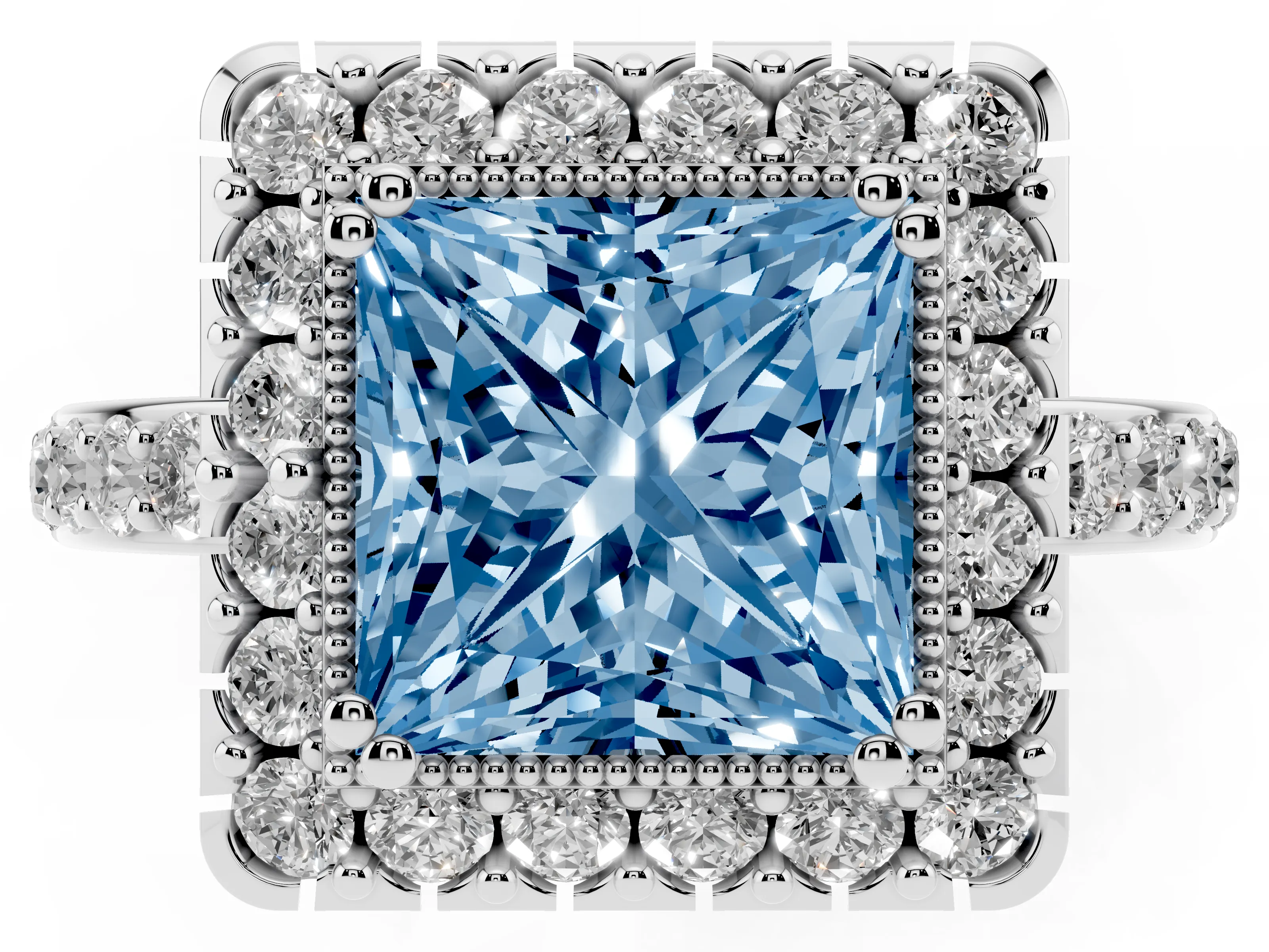 Fancy Blue Princess Cut Diamond Halo Ring Set in White gold with Pavé Shank and Prong Setting