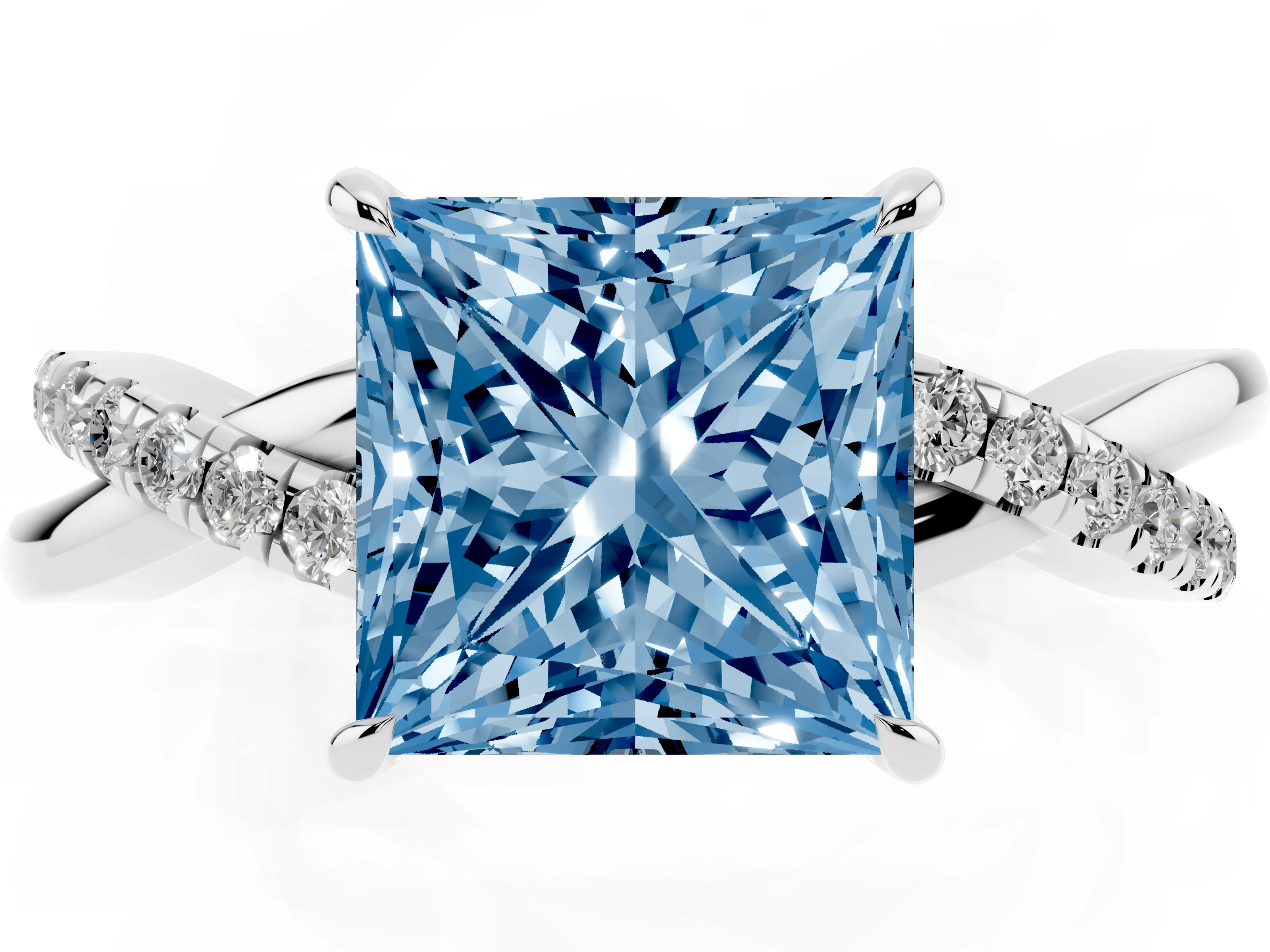 Fancy Blue Princess Cut Diamond Twisted Pavé Band Ring Set in Silver with Prong Setting