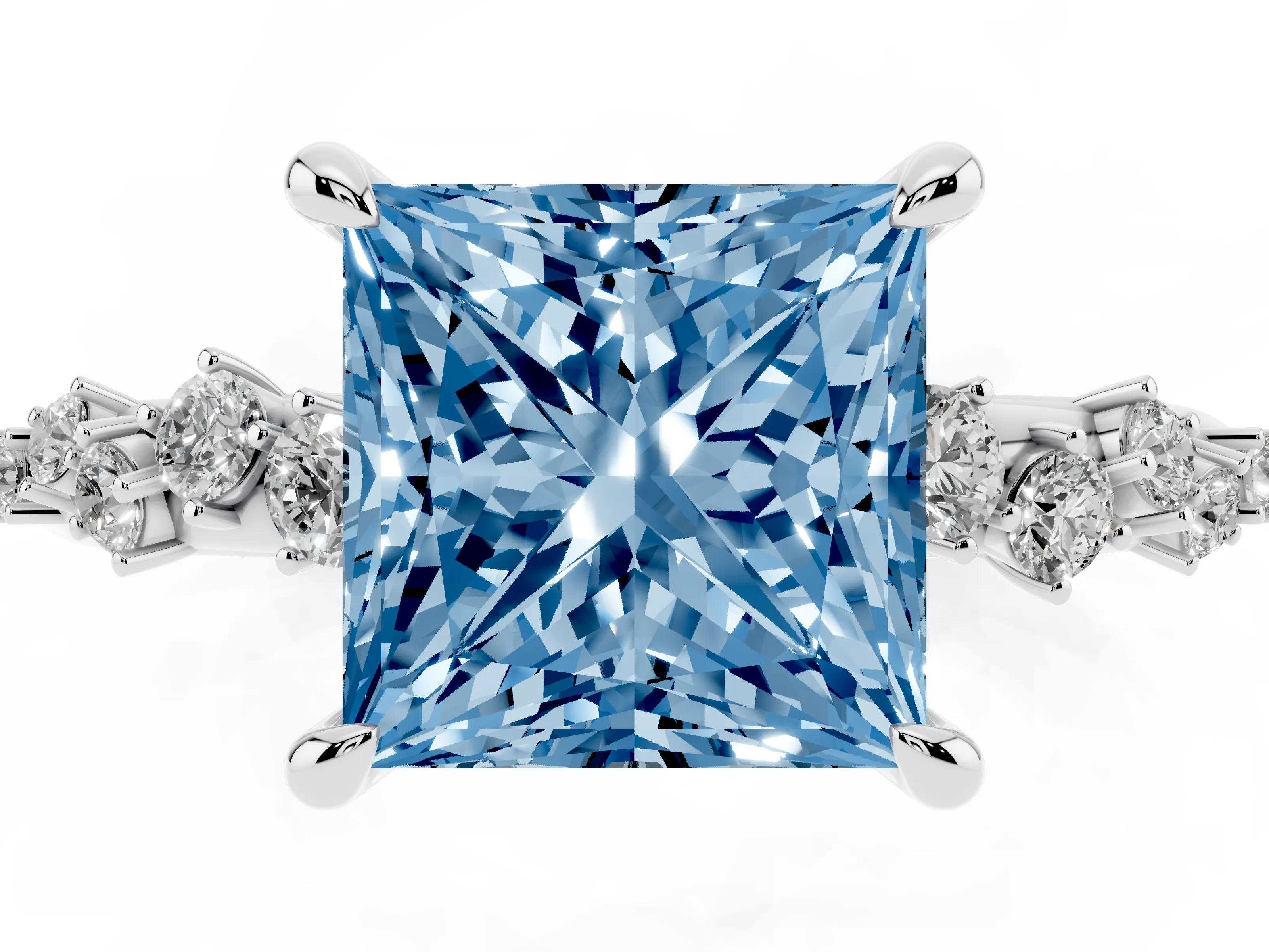 Fancy Blue Princess Cut Diamond Solitaire Vine Band Ring Set in Platinum with Round Accents and Prong Setting