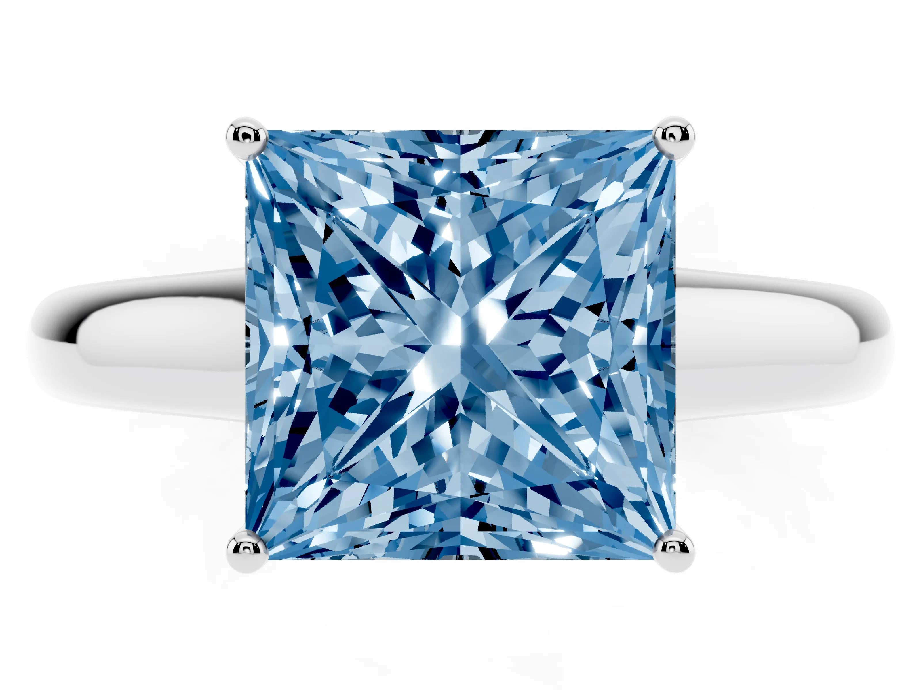 Fancy Blue Princess Cut Diamond Solitaire Engagement Ring Set in White gold with Subtly Tapered Band and Prong Setting