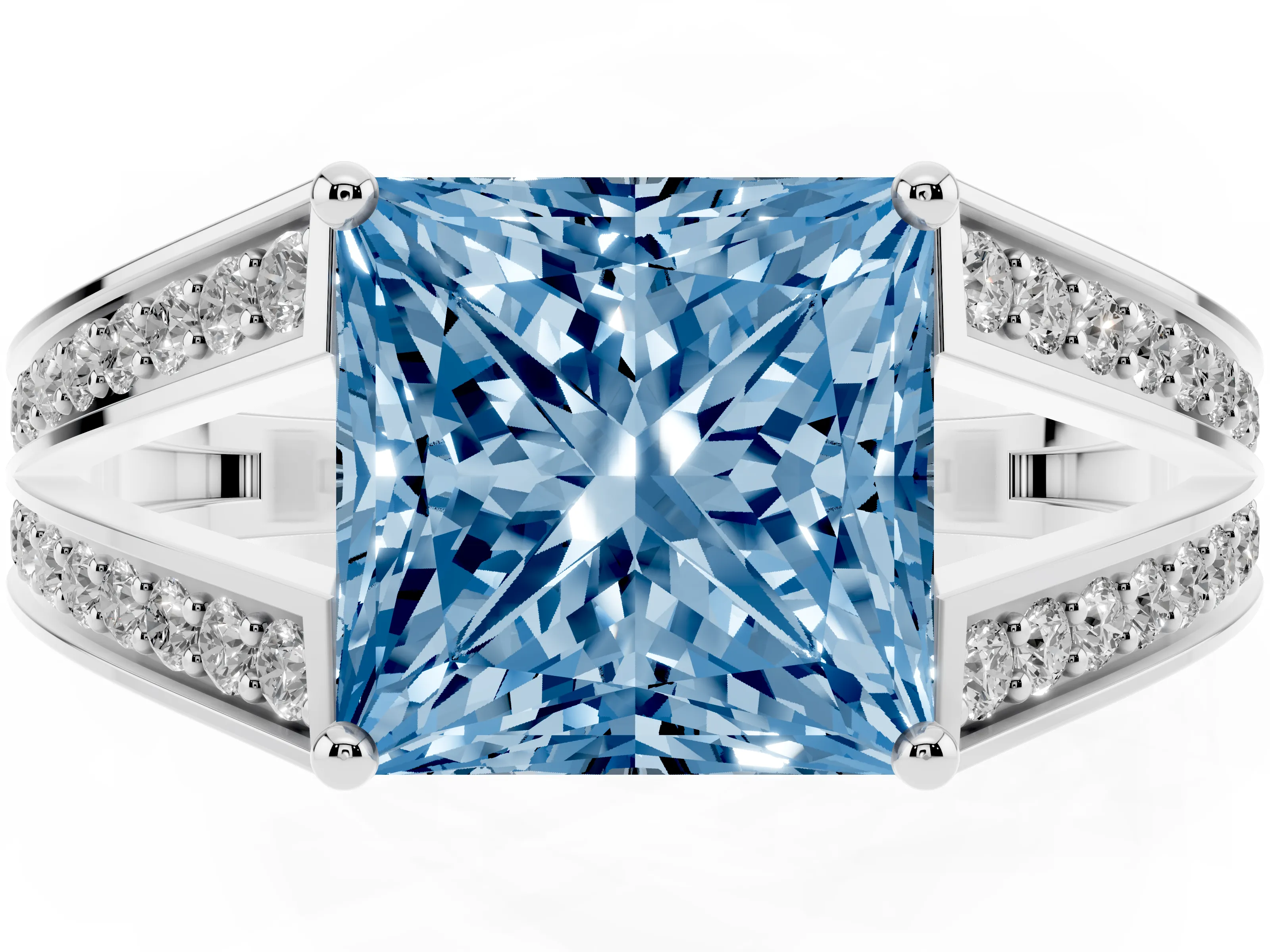 Fancy Blue Princess Cut Diamond Split Shank Ring Set in White gold with Pavé Band and Prong Setting
