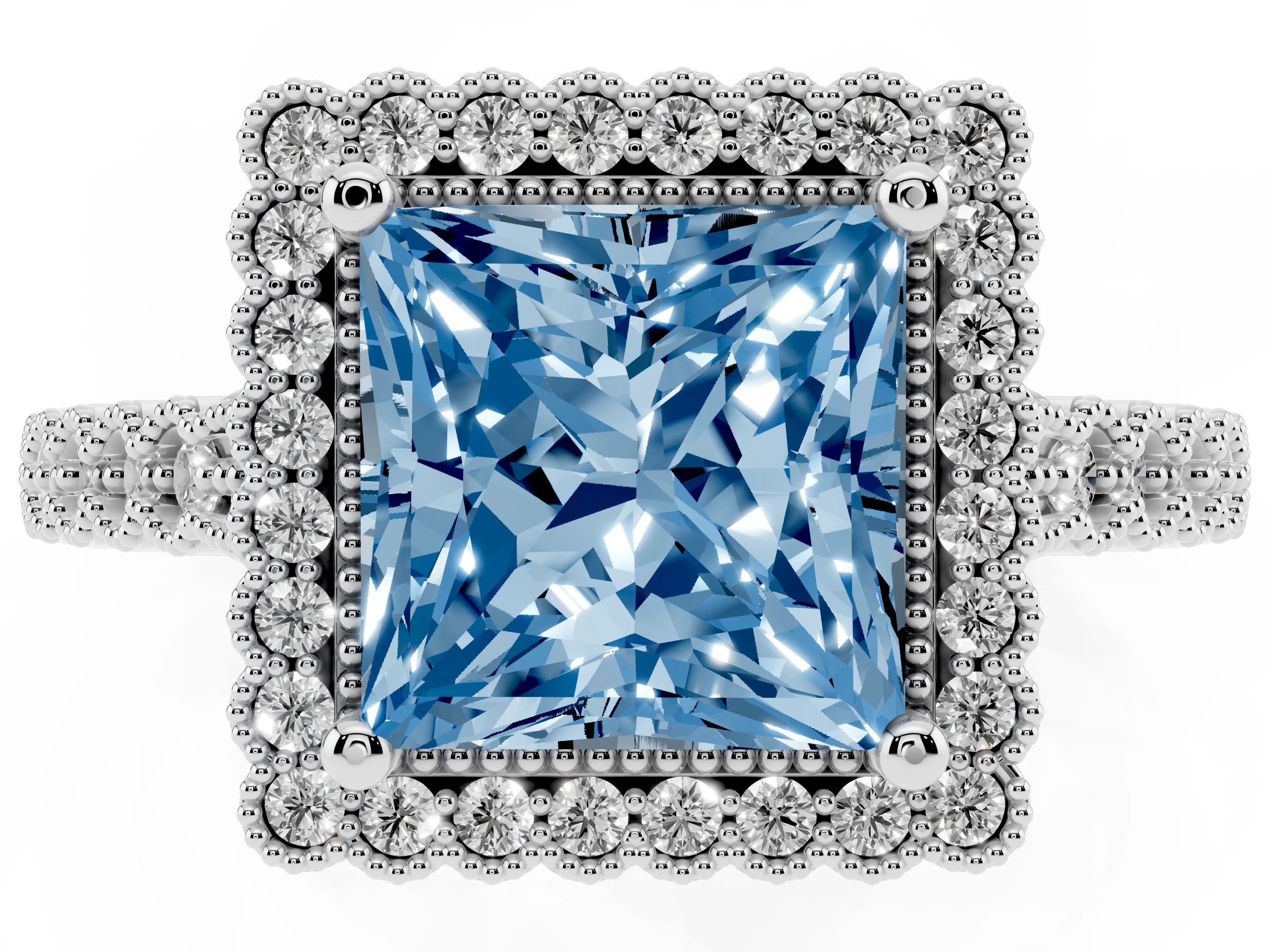 Fancy Blue Princess Cut Diamond Halo Ring Set in Platinum with Pavé Milgrain Band