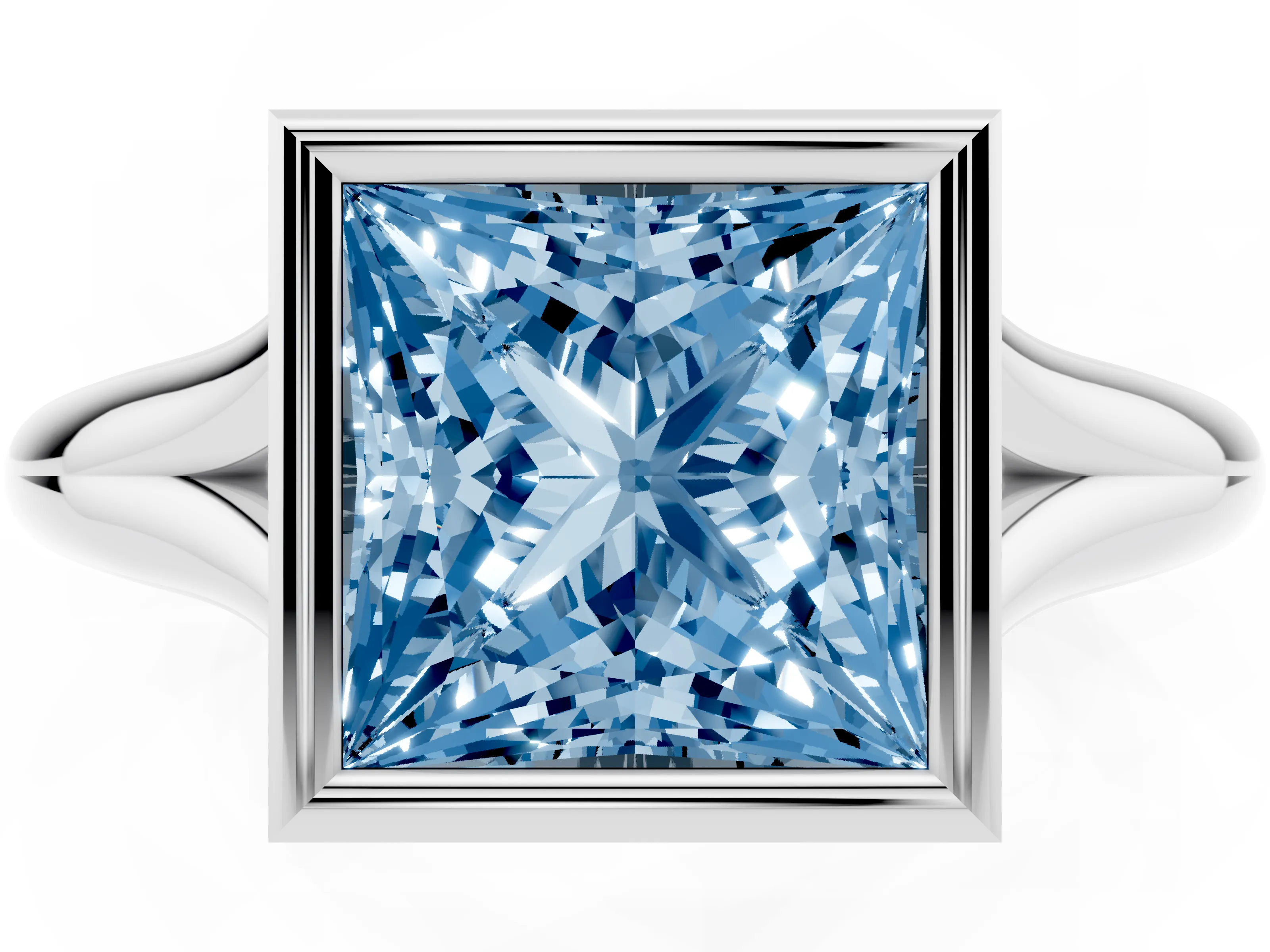 Fancy Blue Bezel Set Princess Cut Diamond Solitaire Ring Set in White gold with Smooth Band