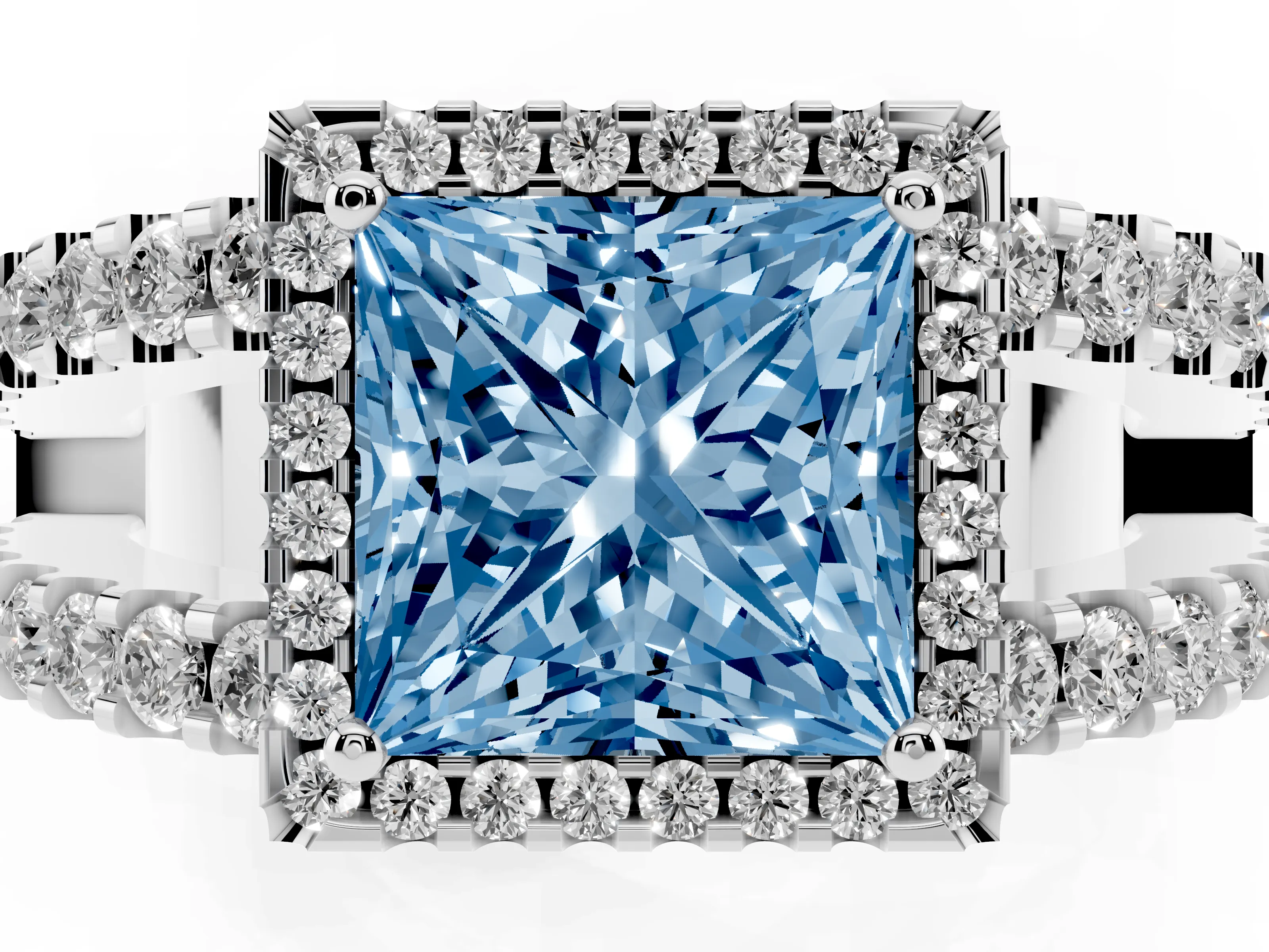 Fancy Blue Princess Cut Diamond Halo Ring Set in White gold with Pavé Split Shank and Prong Setting
