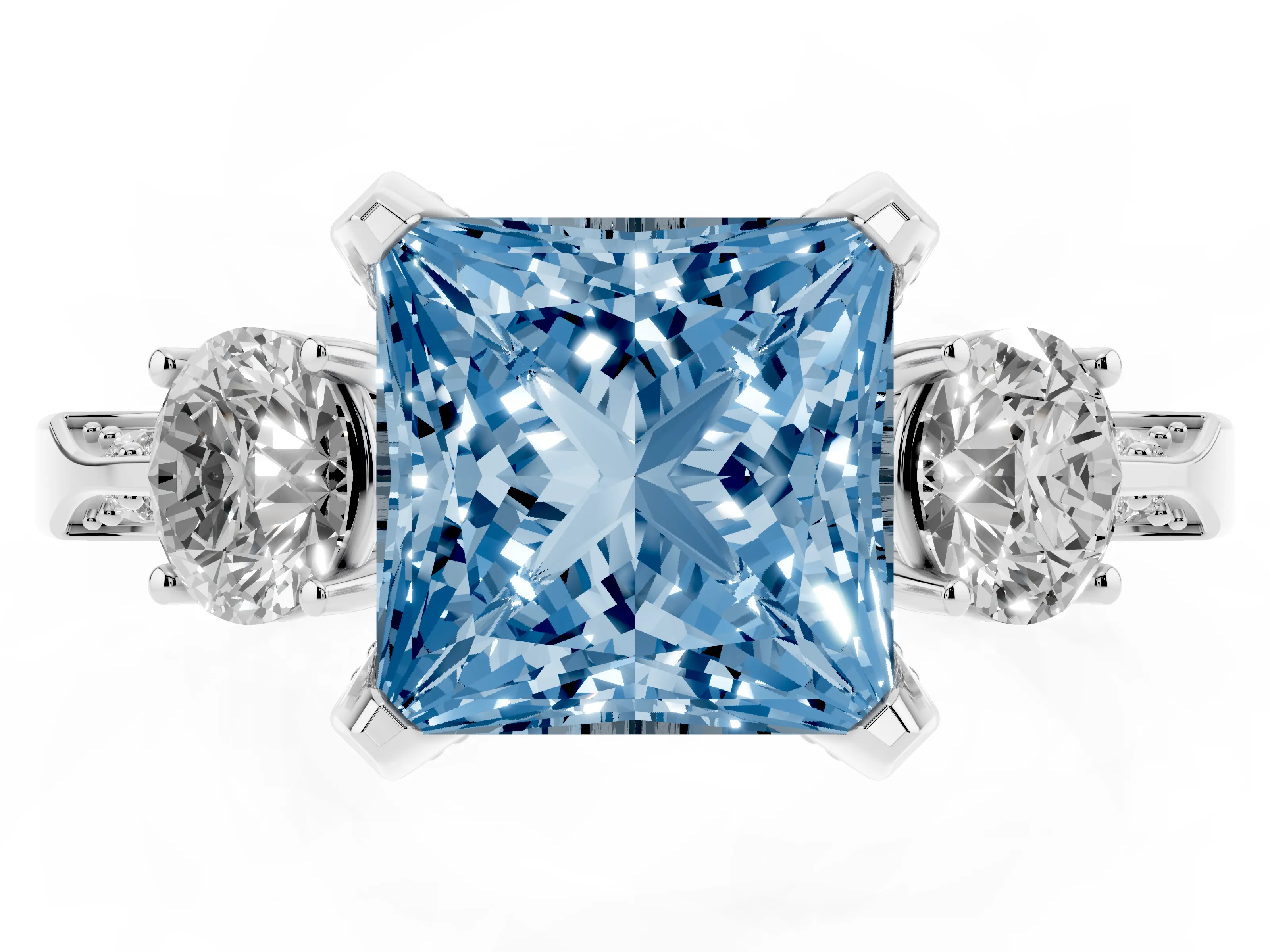 Fancy Blue Princess Cut Diamond Three-Stone Ring Set in White gold with Pavé Band and Smaller Side Stones