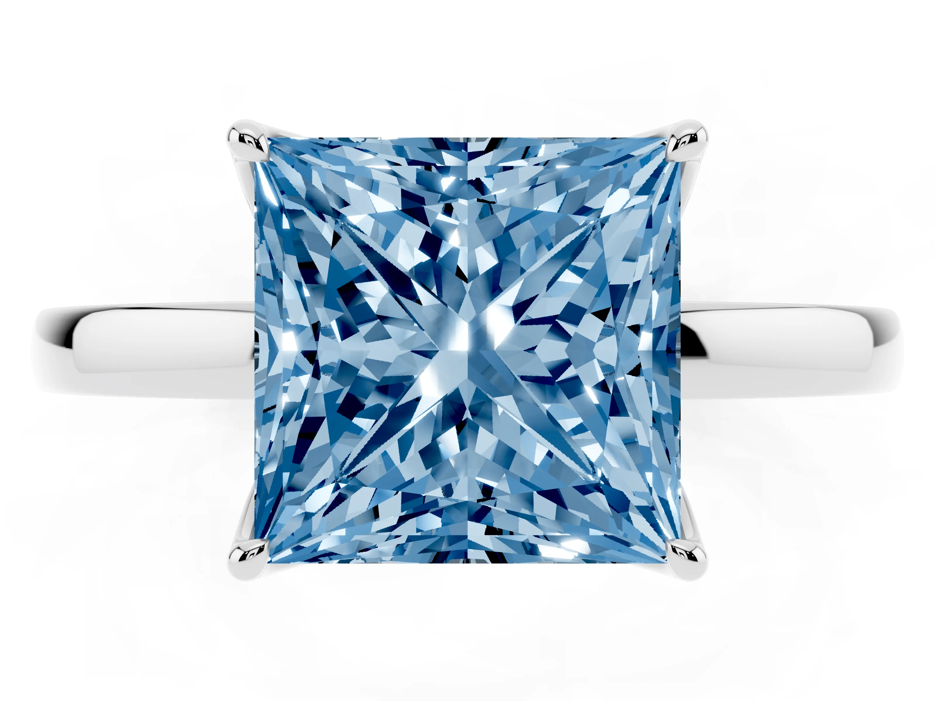 Fancy Blue Princess Cut Diamond Solitaire Ring Set in White gold with Prong Setting and Thin Polished Band