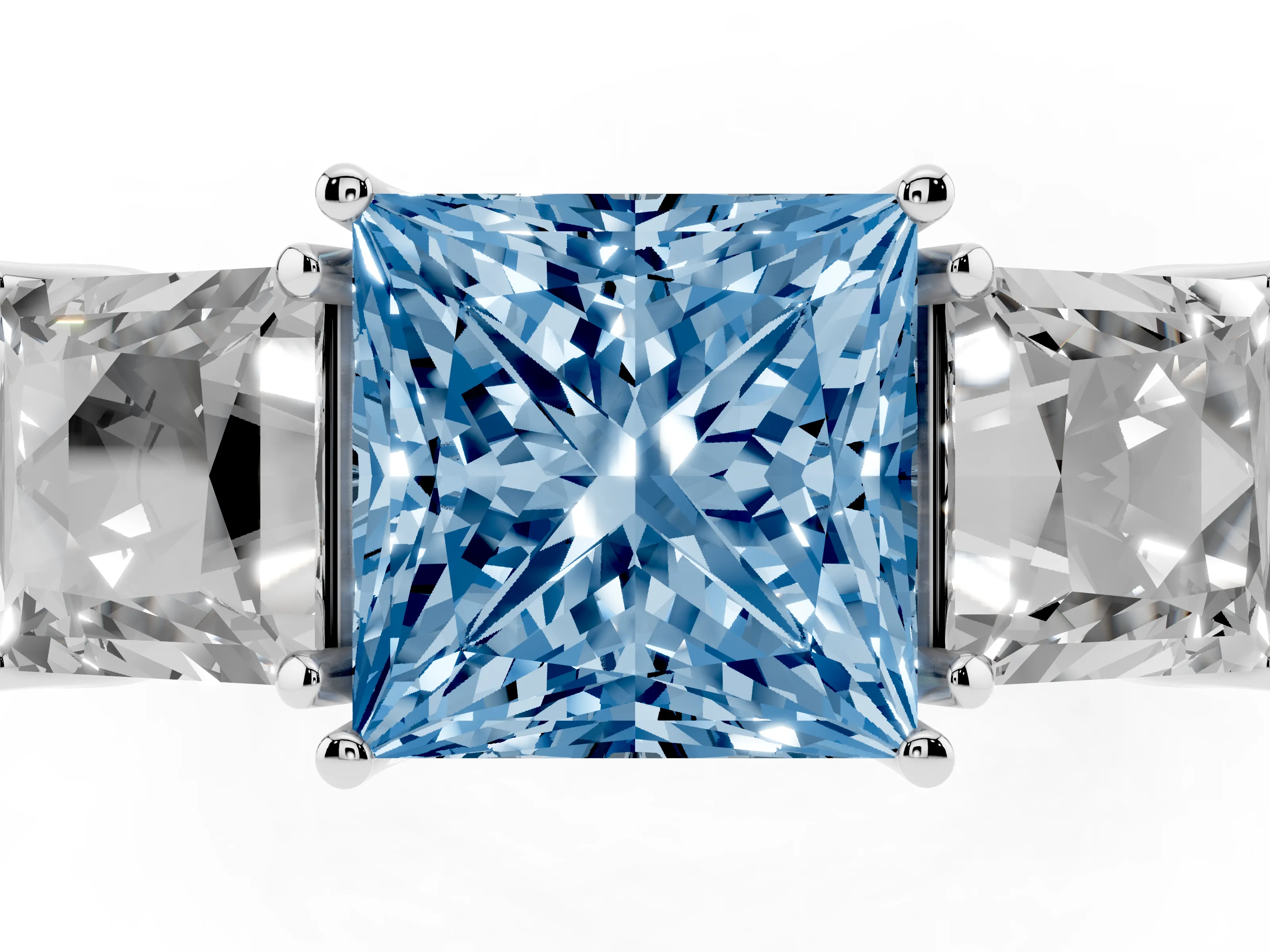 Fancy Blue Princess Cut Diamond Three-Stone Engagement Ring Set in Platinum with Milgrain Pavé Band