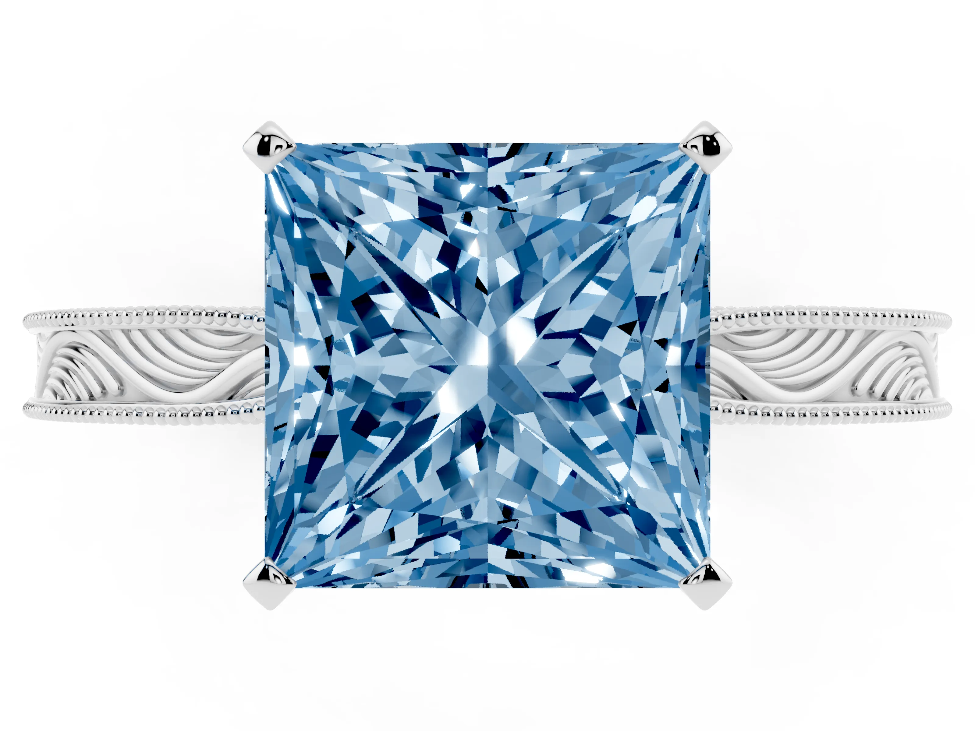 Fancy Blue Princess Cut Diamond Solitaire Milgrain Engraved Band Set in Platinum with Prong Setting