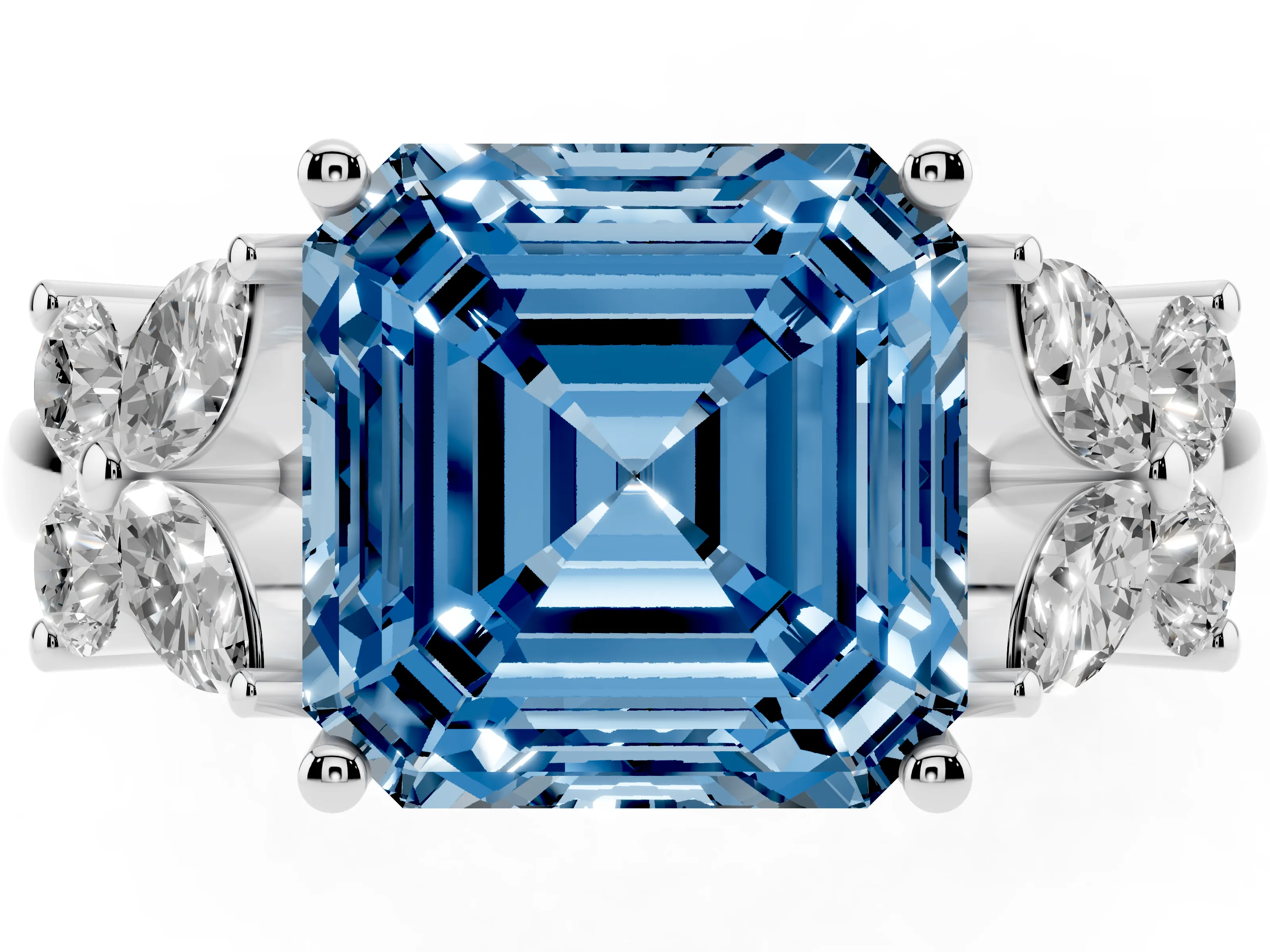 Fancy Blue Princess Cut Diamond Floral Cluster Ring Set in White gold with Marquise Petals and Prong Setting