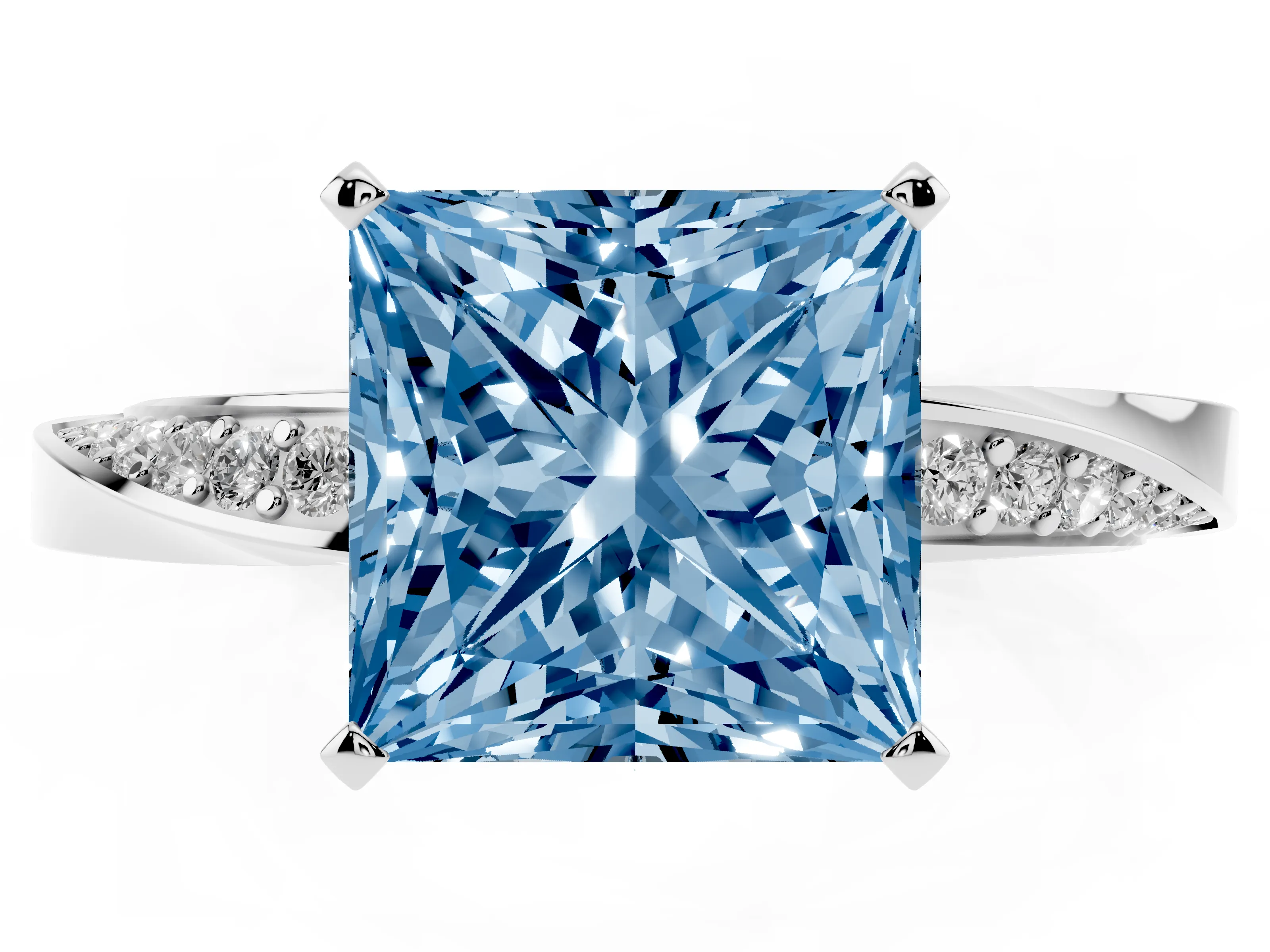 Fancy Blue Princess Cut Diamond Engagement Ring Set in Silver with Side Stone Accents and Prong Setting