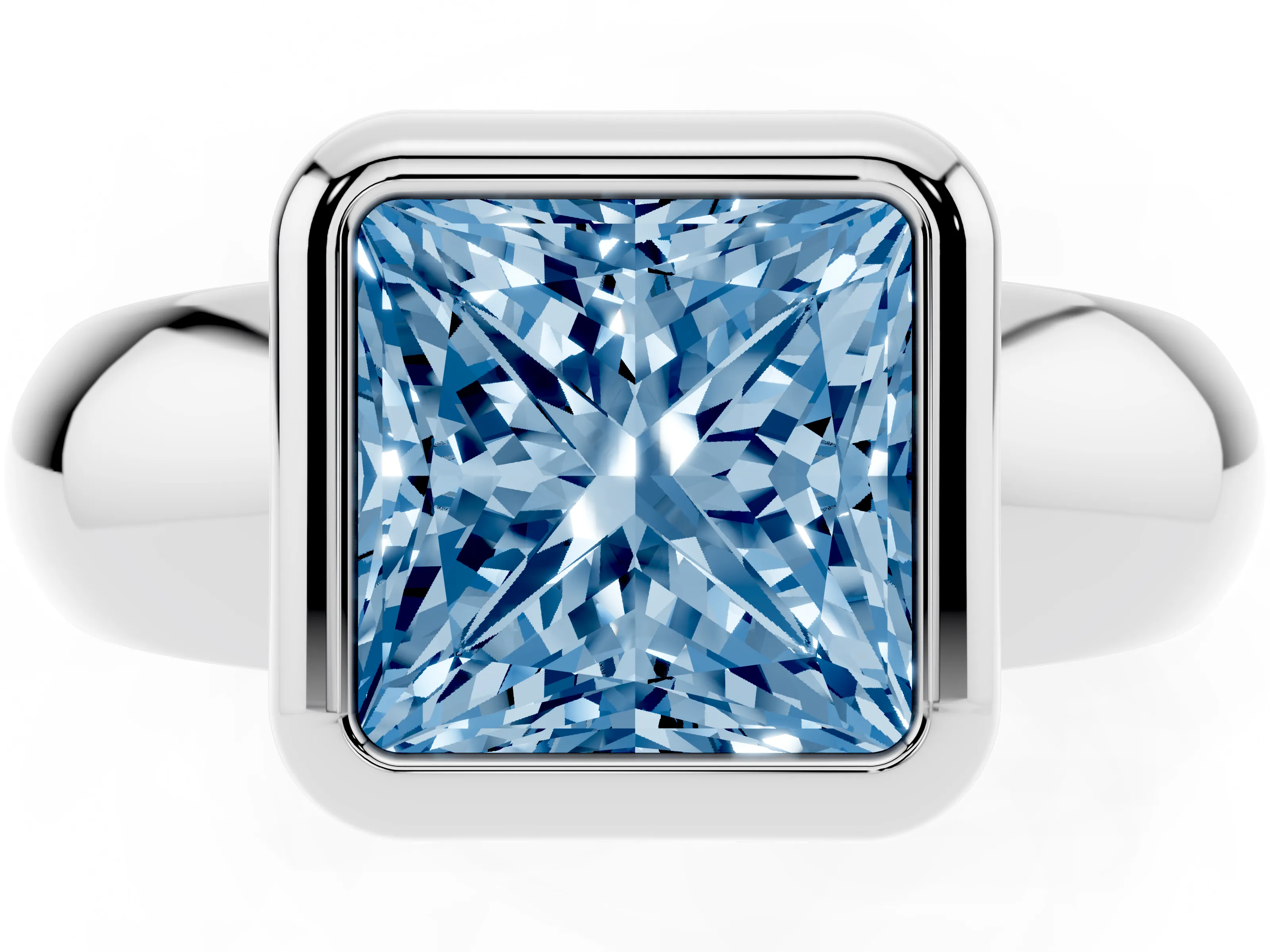 Fancy Blue Bezel Set Princess Cut Diamond Solitaire Ring Set in White gold with Wide Band